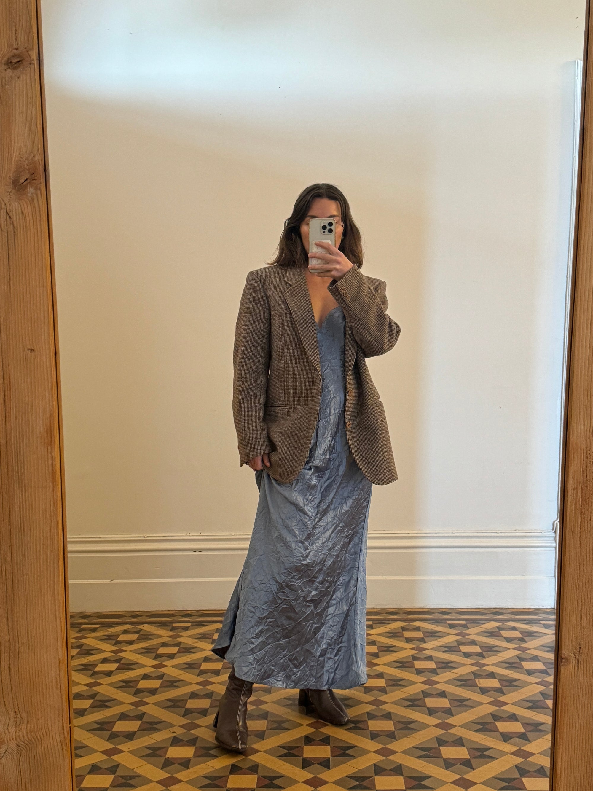 Vintage 90s Blue Crinkle Bias Slip Dress