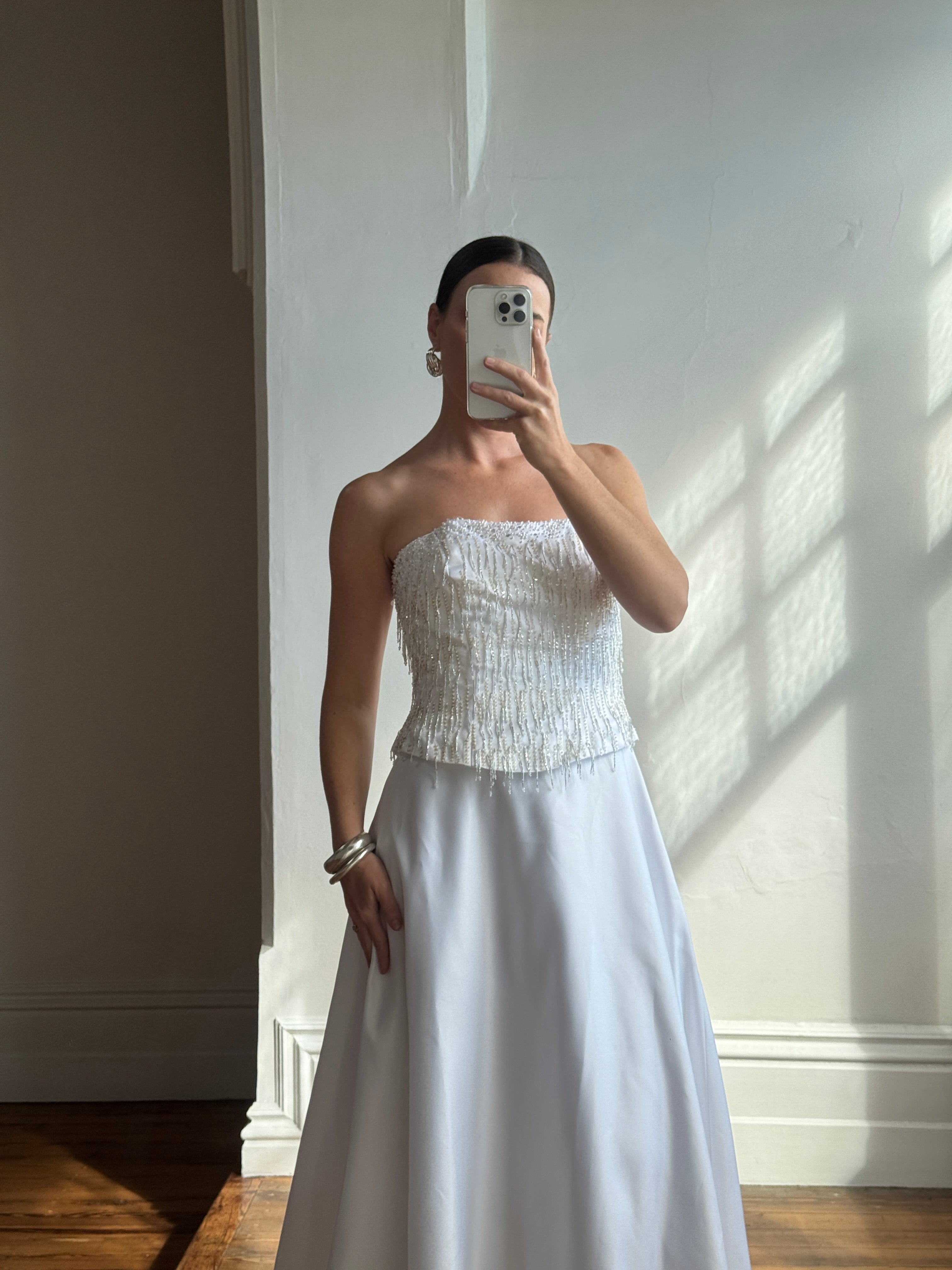Vintage 90s Beaded Tassel Strapless Satin Wedding Gown