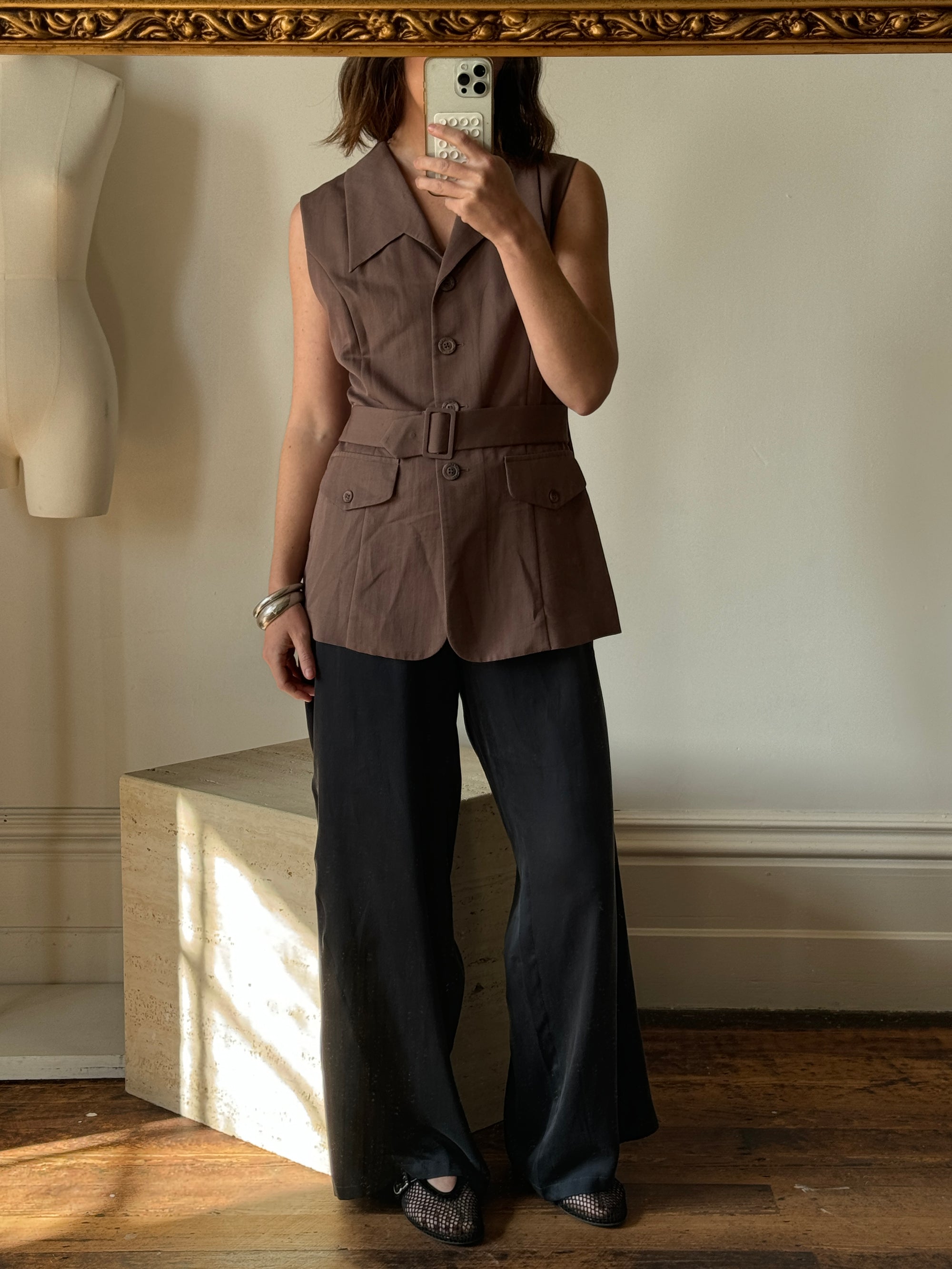 Vintage Taupe Brown Belted Utility Vest