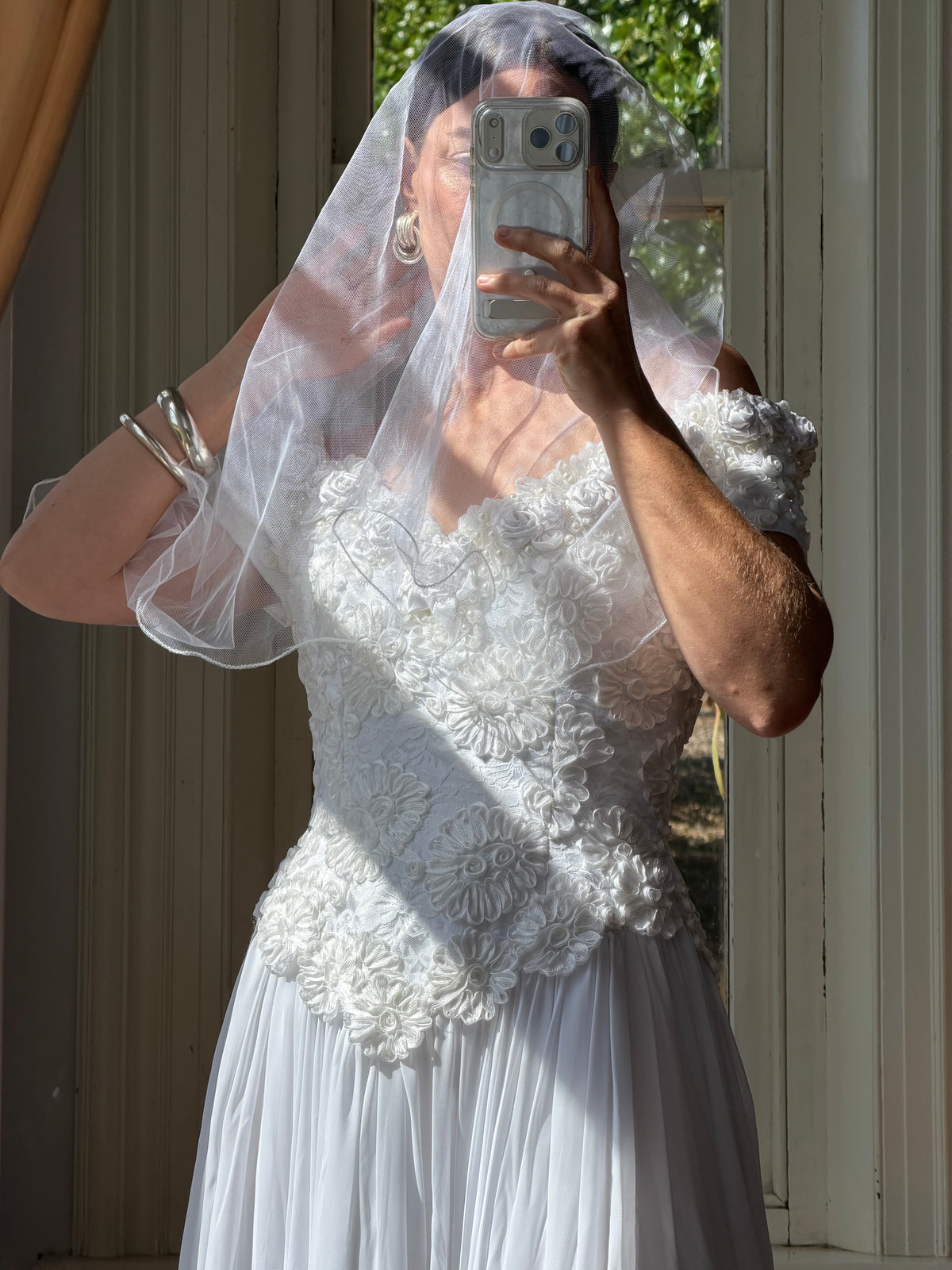 Vintage 80s 3D Floral Off Shoulder Bridal Gown and Veil