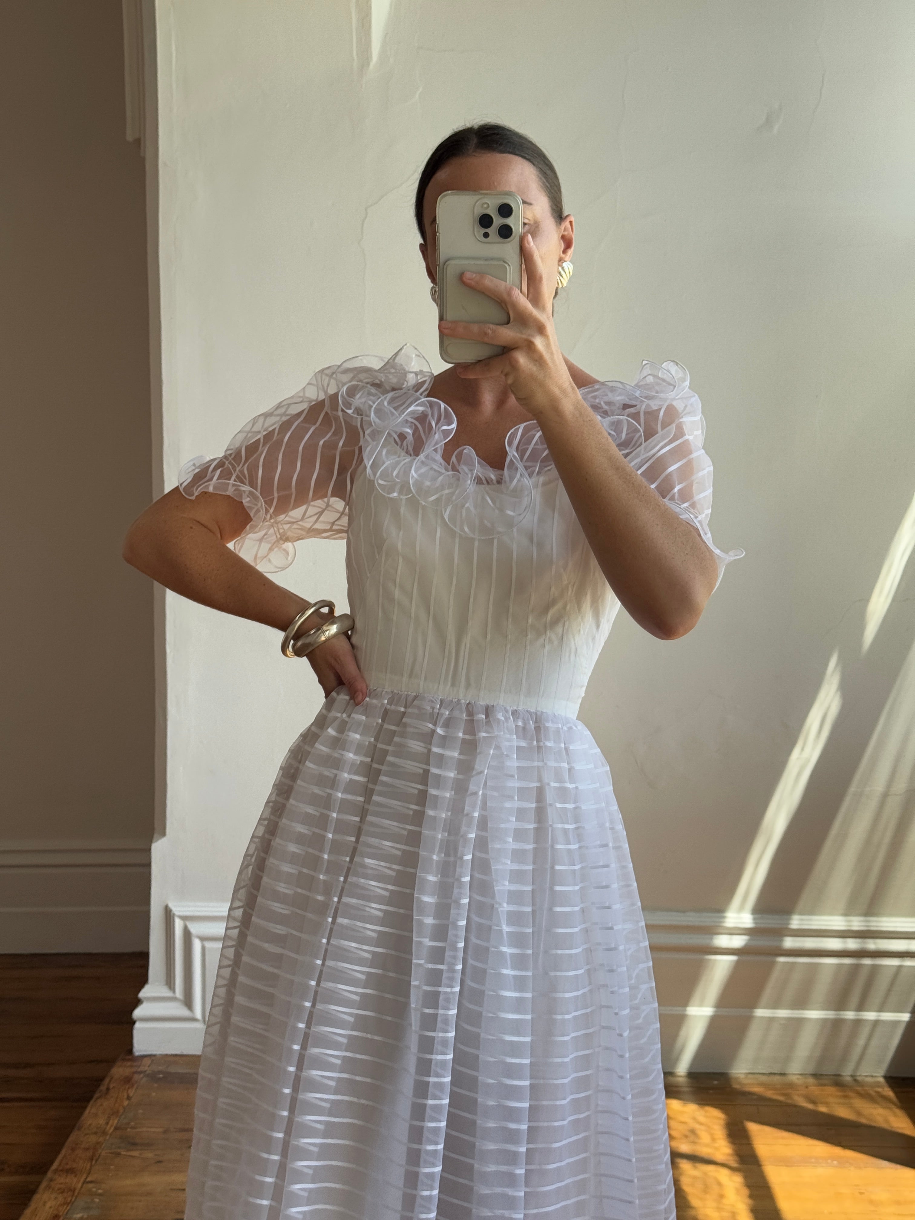Vintage 70s Organza Sheer Stripe Wedding Dress