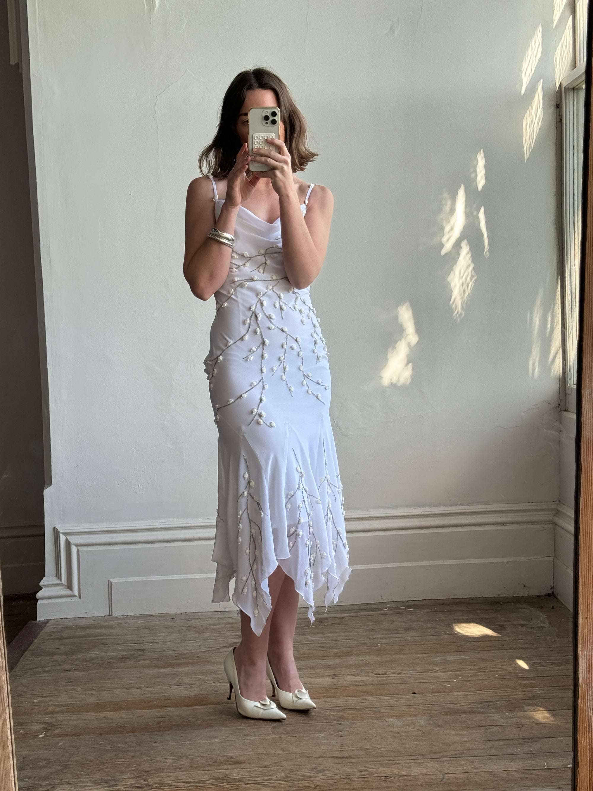 Vintage 90s Fairy Cowl Neck Wedding Dress With Hand Beaded Vine Embroidery
