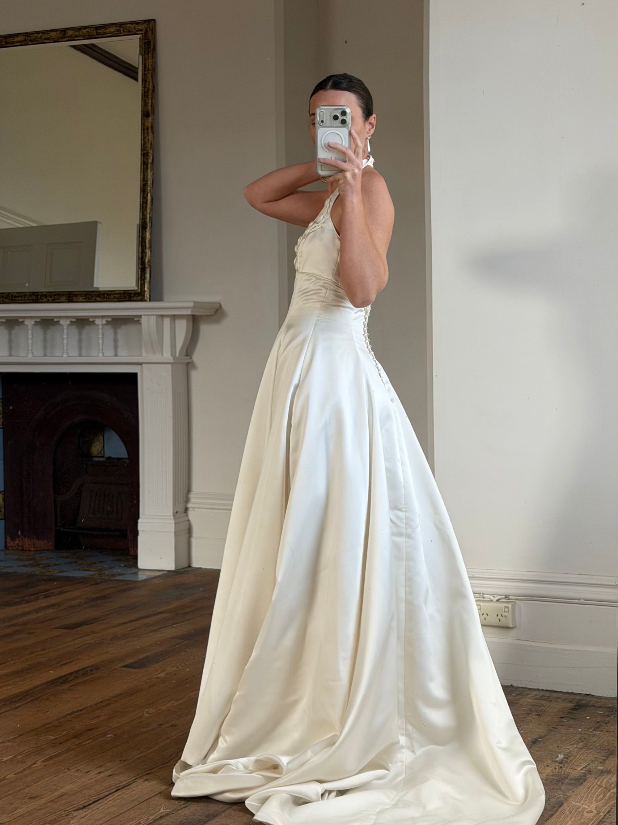 Vintage 90s Ivory Beaded Halter Bridal Ballgown