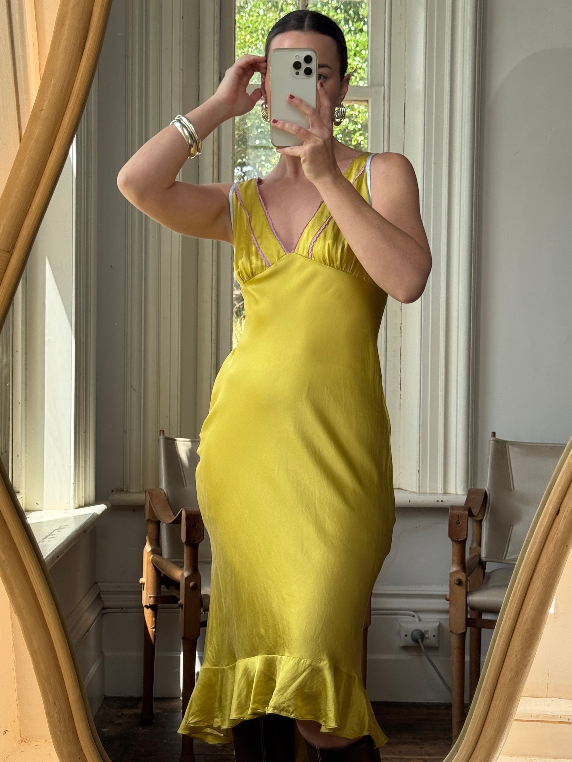 Vintage 90s Pure Silk Bias Midi Dress Chartreuse Multi