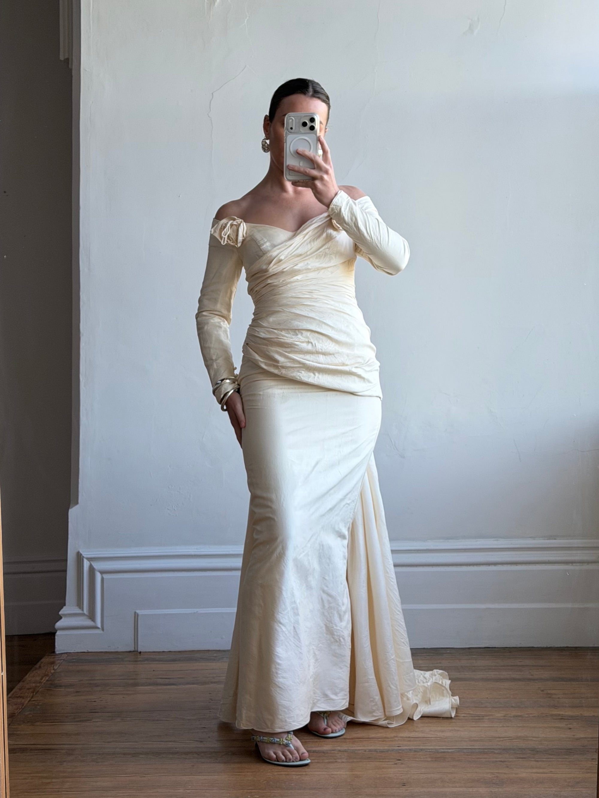 Vintage 90s Silk Rosette Off Shoulder Gown With Bow Train