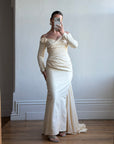 Vintage 90s Silk Rosette Off Shoulder Gown With Bow Train