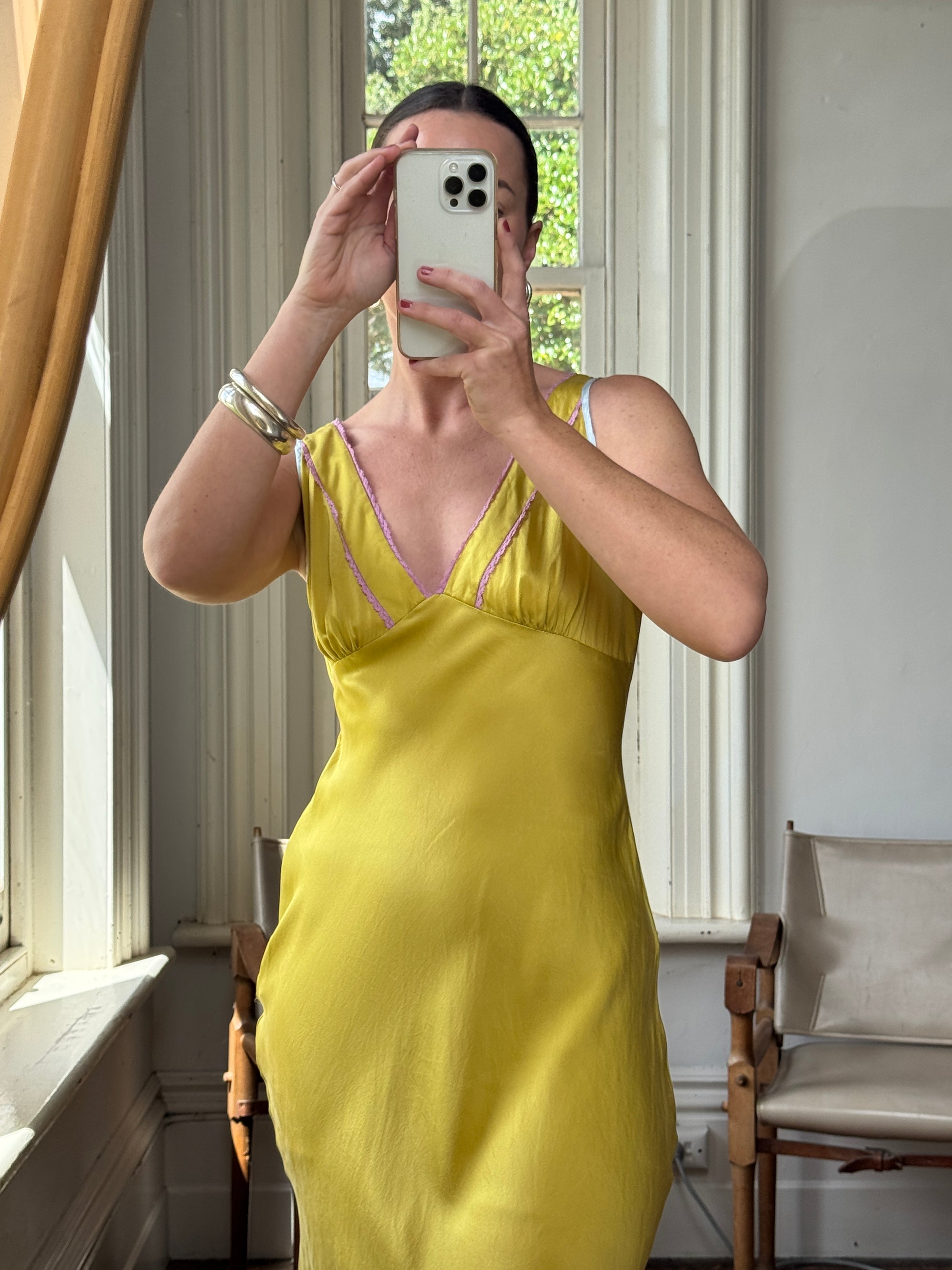 Vintage 90s Pure Silk Bias Midi Dress Chartreuse Multi