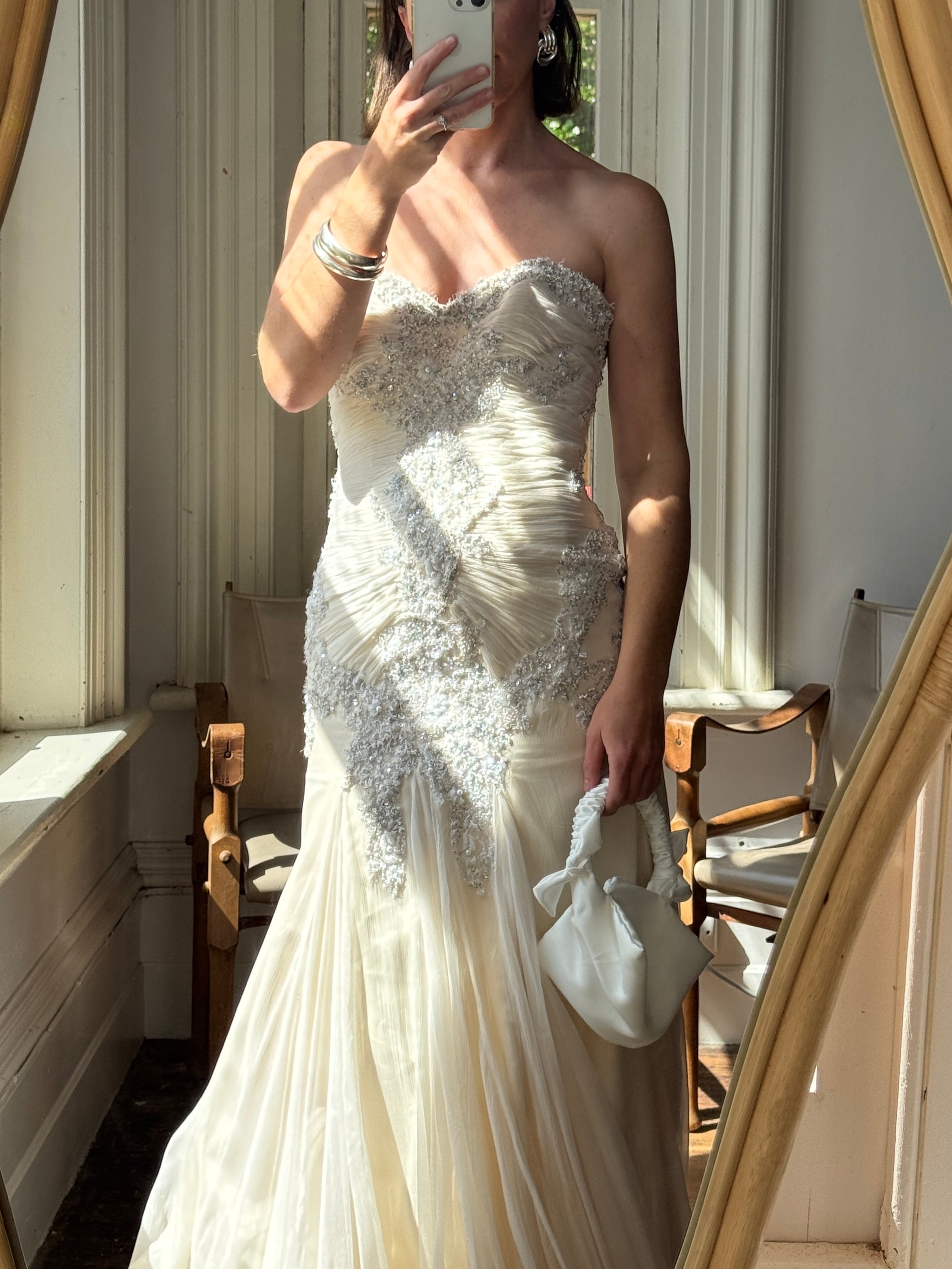 Vintage 90s Pure Silk Couture Drop Waist Wedding Gown