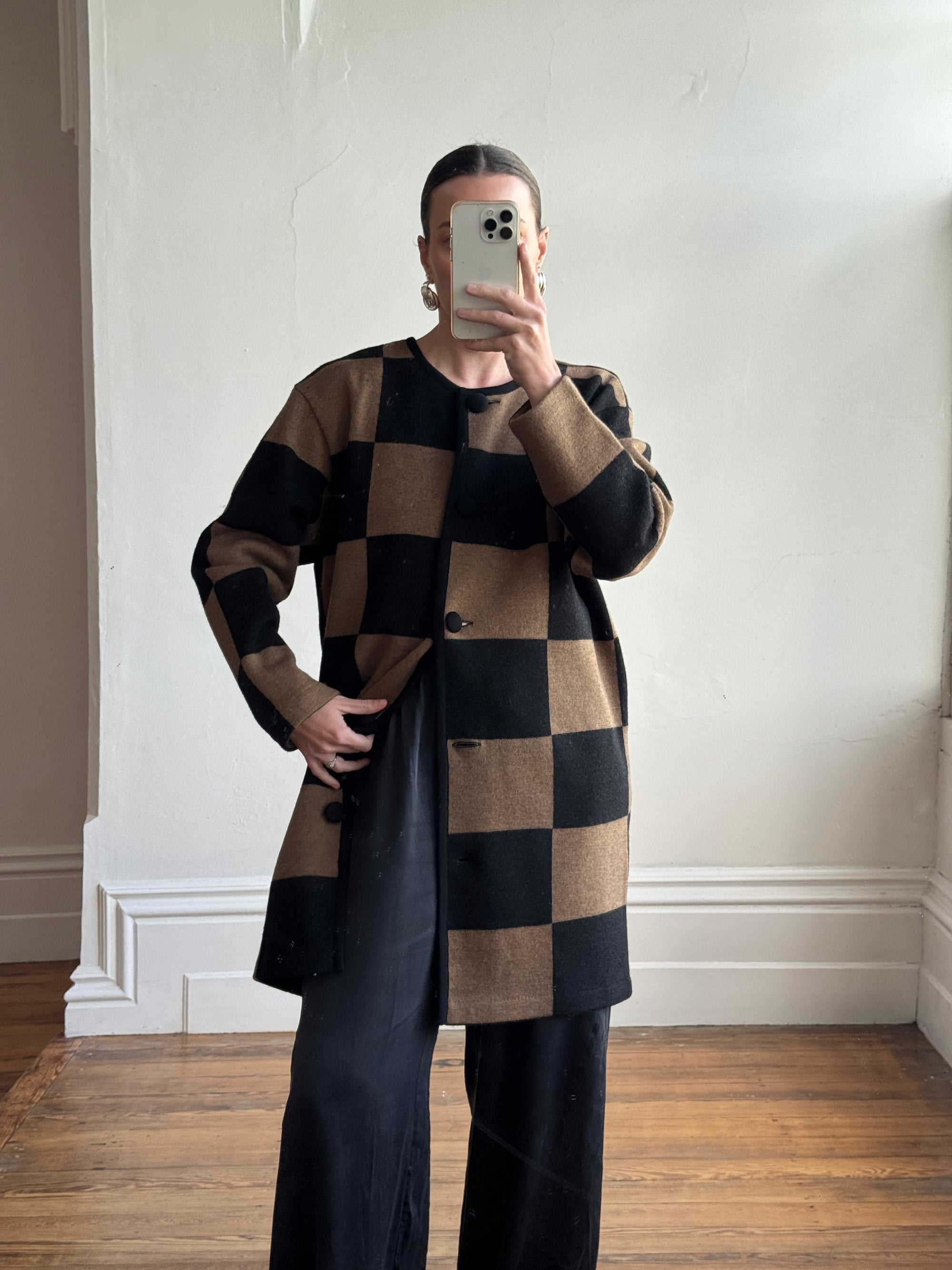 Vintage 80s Pure Wool Checkerboard Oversized Cardi