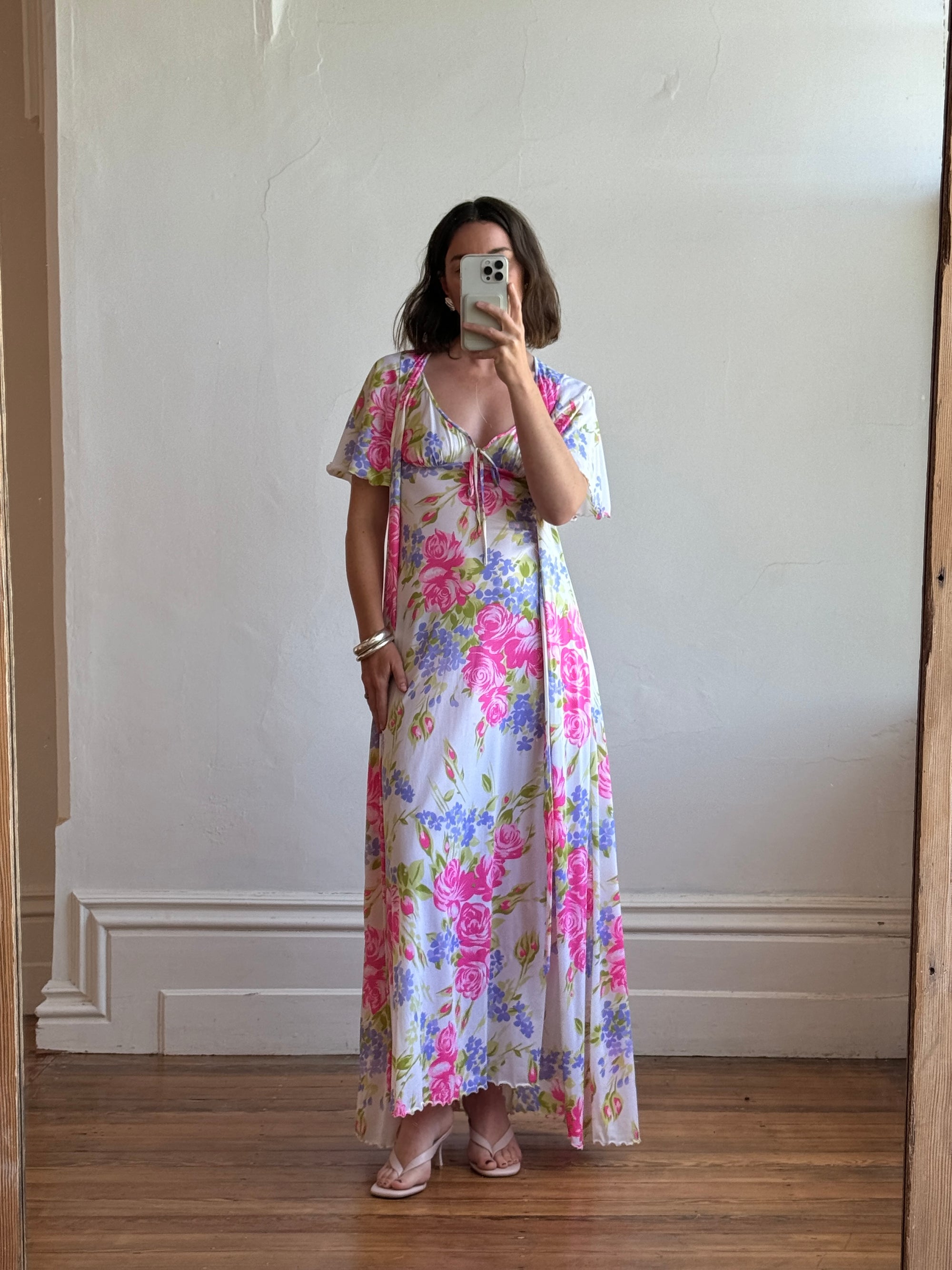 Vintage 70s Pink Floral Slip and Wrap Dress Set