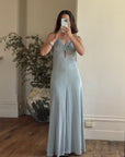 Vintage 70s Lurex Ice Blue Halter Maxi Dress