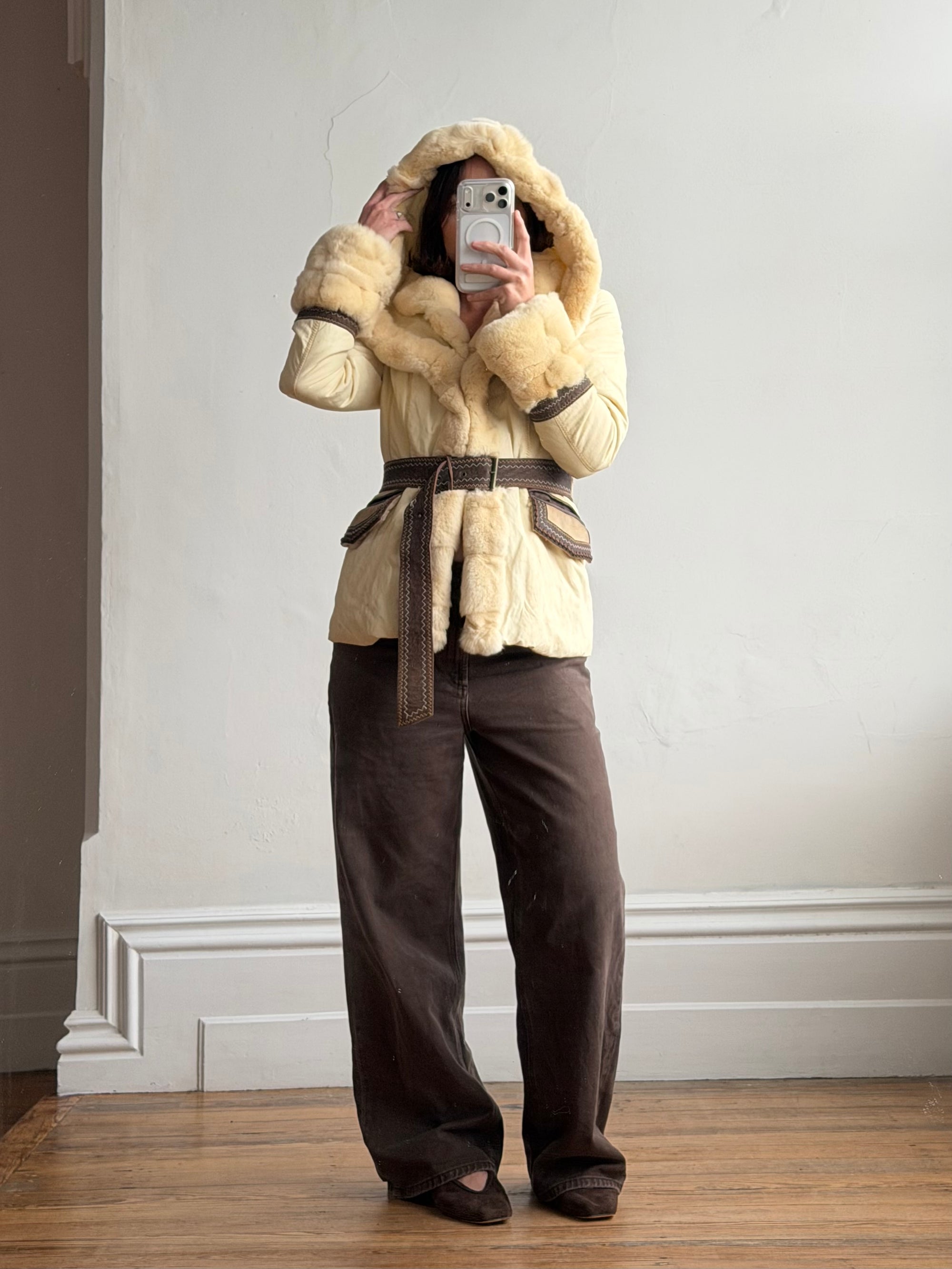 Vintage Y2K Italian Leather and Fur Belted Jacket with Hood