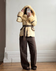 Vintage Y2K Italian Leather and Fur Belted Jacket with Hood