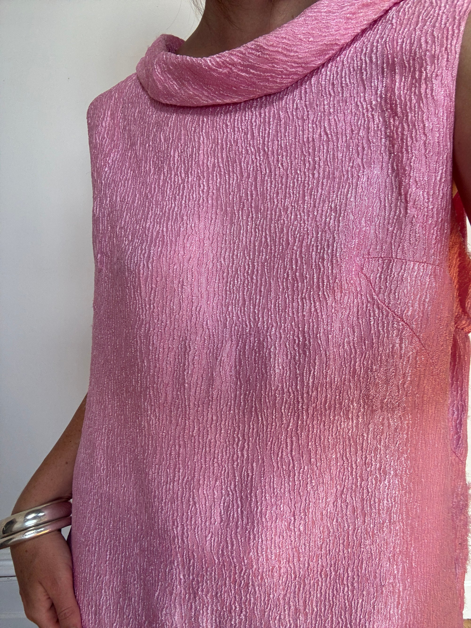 Vintage 80s Boat Neck Crinkle Dress Hot Pink