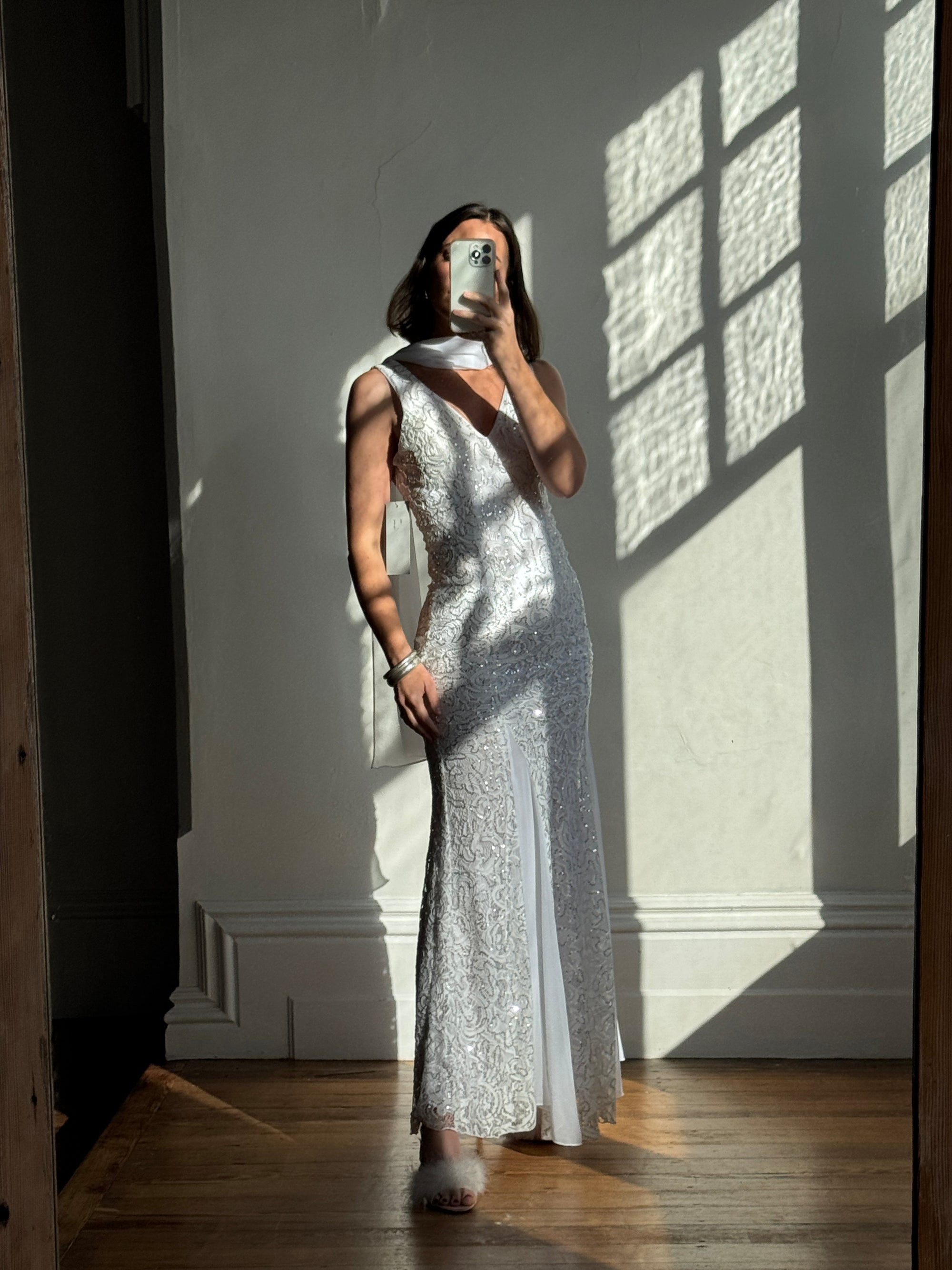 90s silver dress Vintage 90s Metallic Silver Mini Dress Sleeveless Sheath Y2K Scoop Neck Sequin Paillette Overlay Party Going Out Sparkly USA Small 3/4
