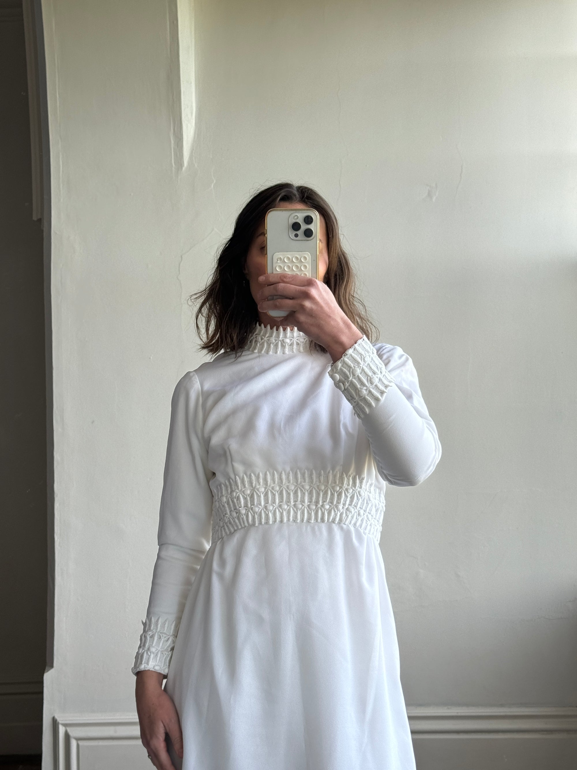 Vintage 60s High Front Embroidered Wedding Dress