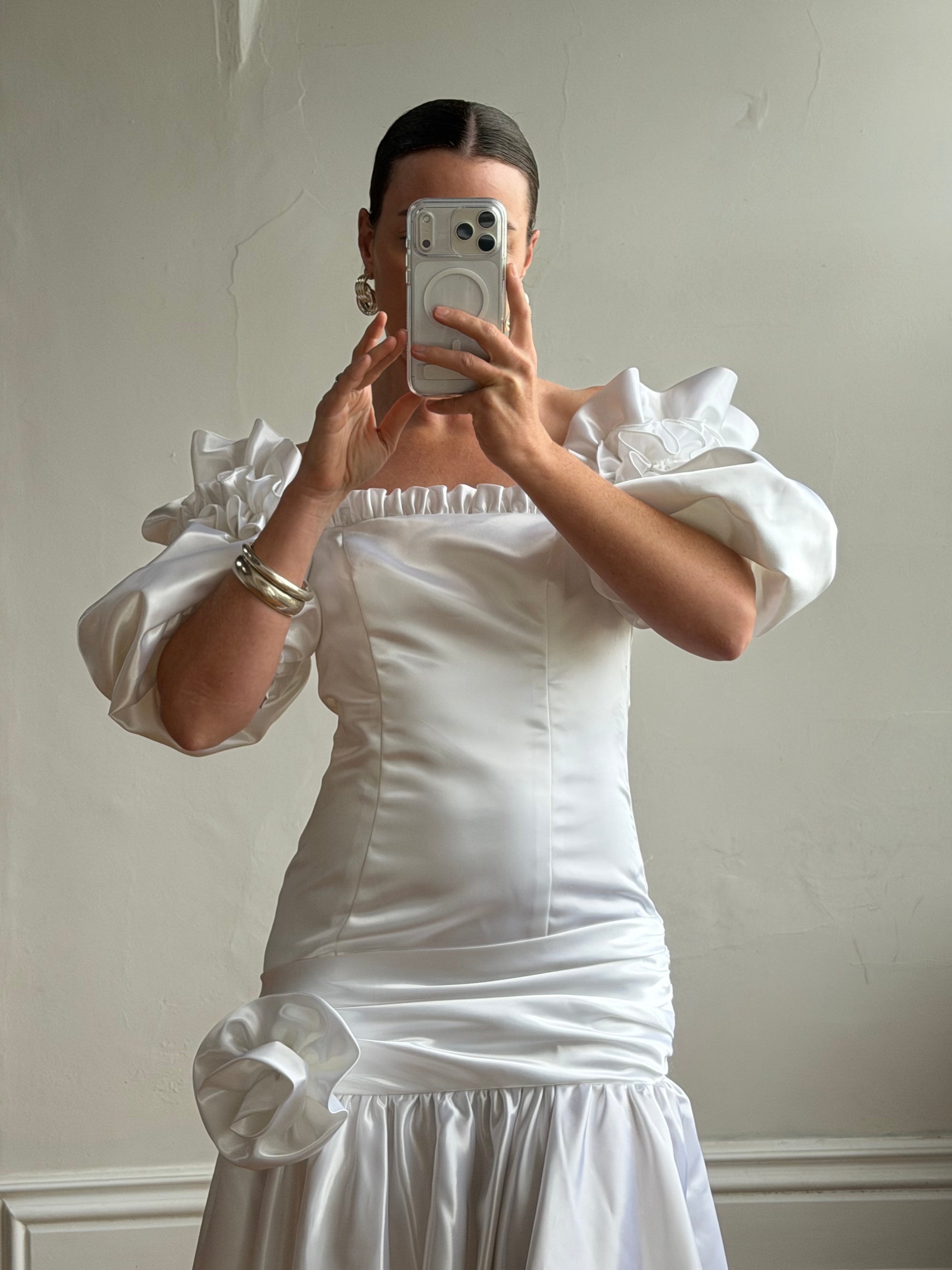 Vintage 80s Satin Drop Waist Wedding Gown