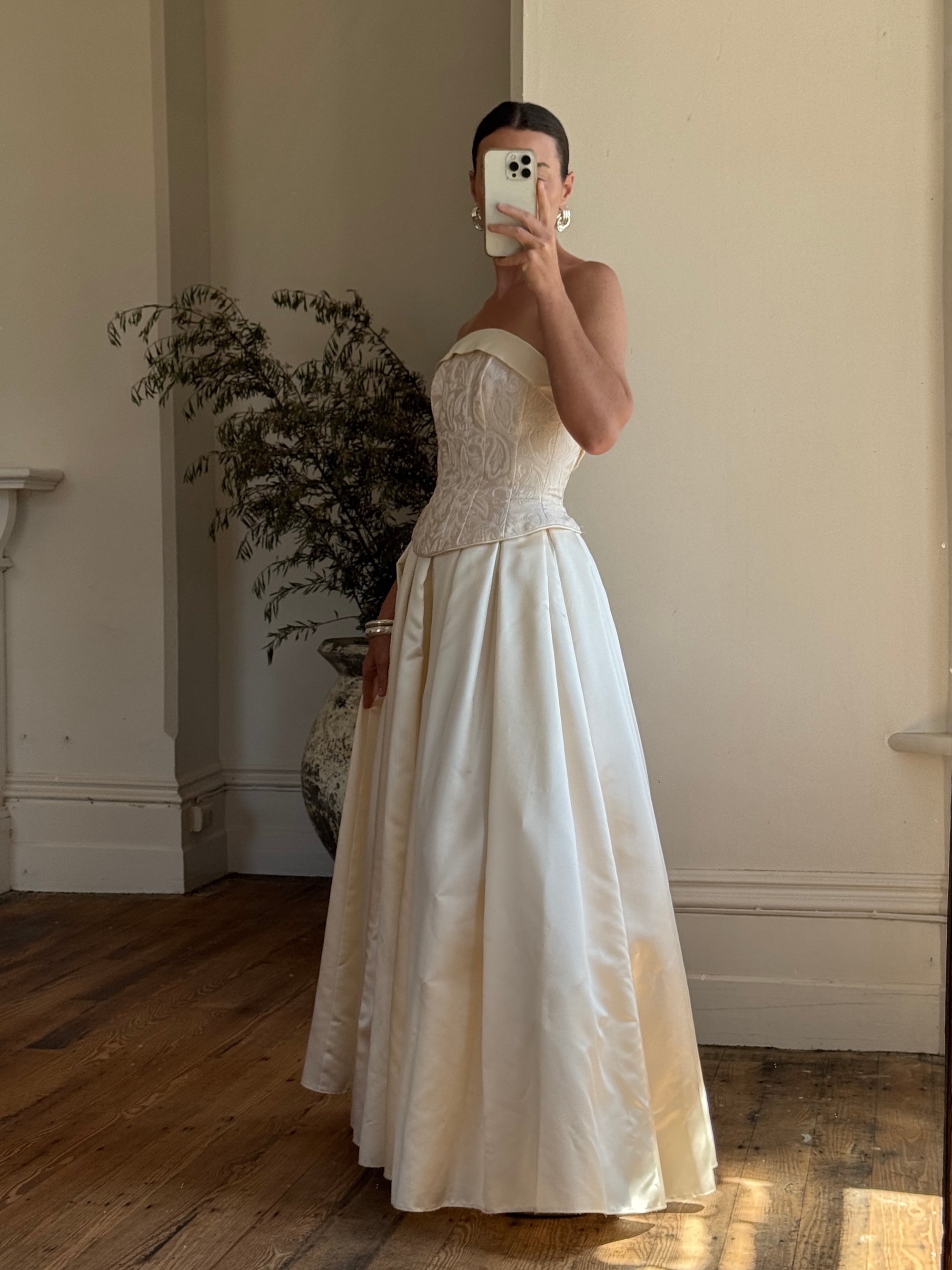Vintage 90s Princess Brocade Champagne Wedding Gown