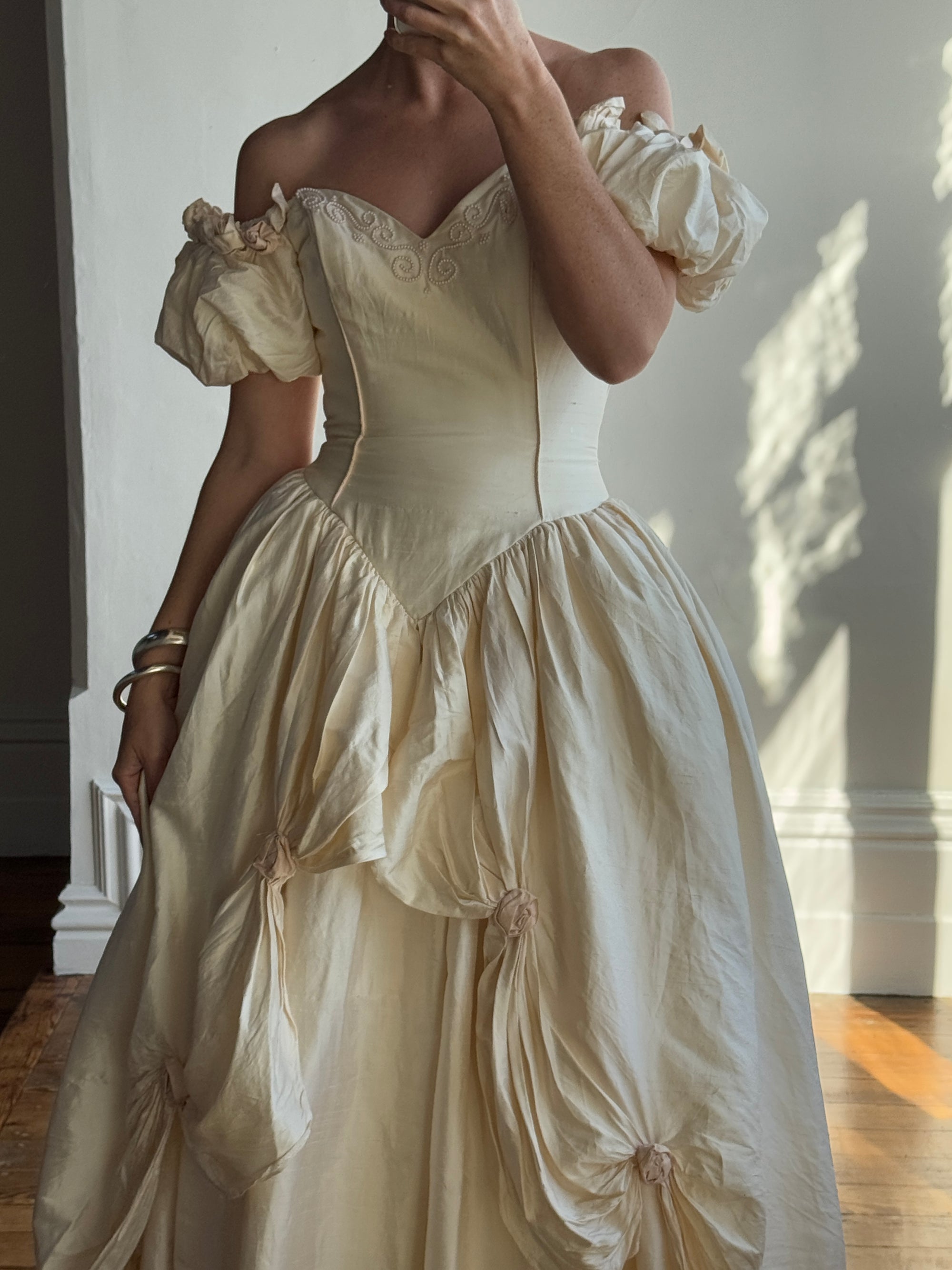 Vintage 90s Pure Silk Renaissance Basque Waist Wedding Gown