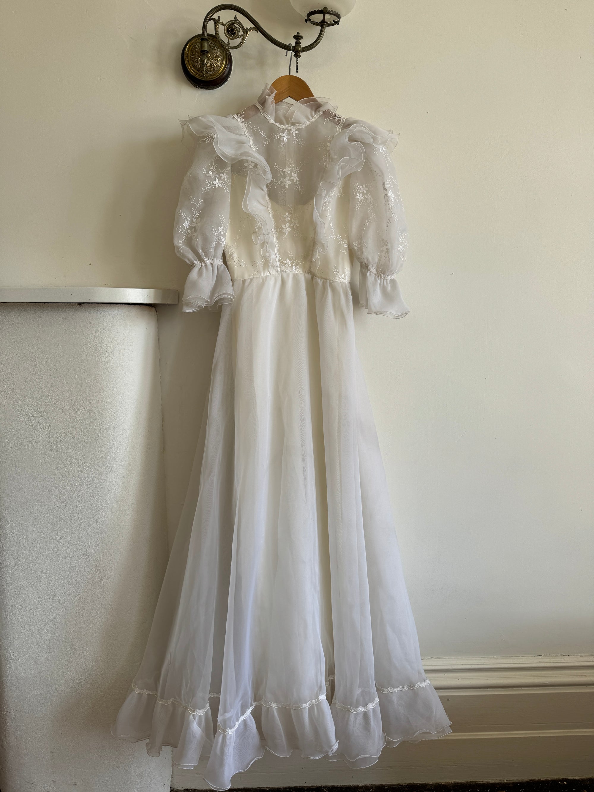 Vintage 80s Ruffled Sheer Organza Wedding Dress