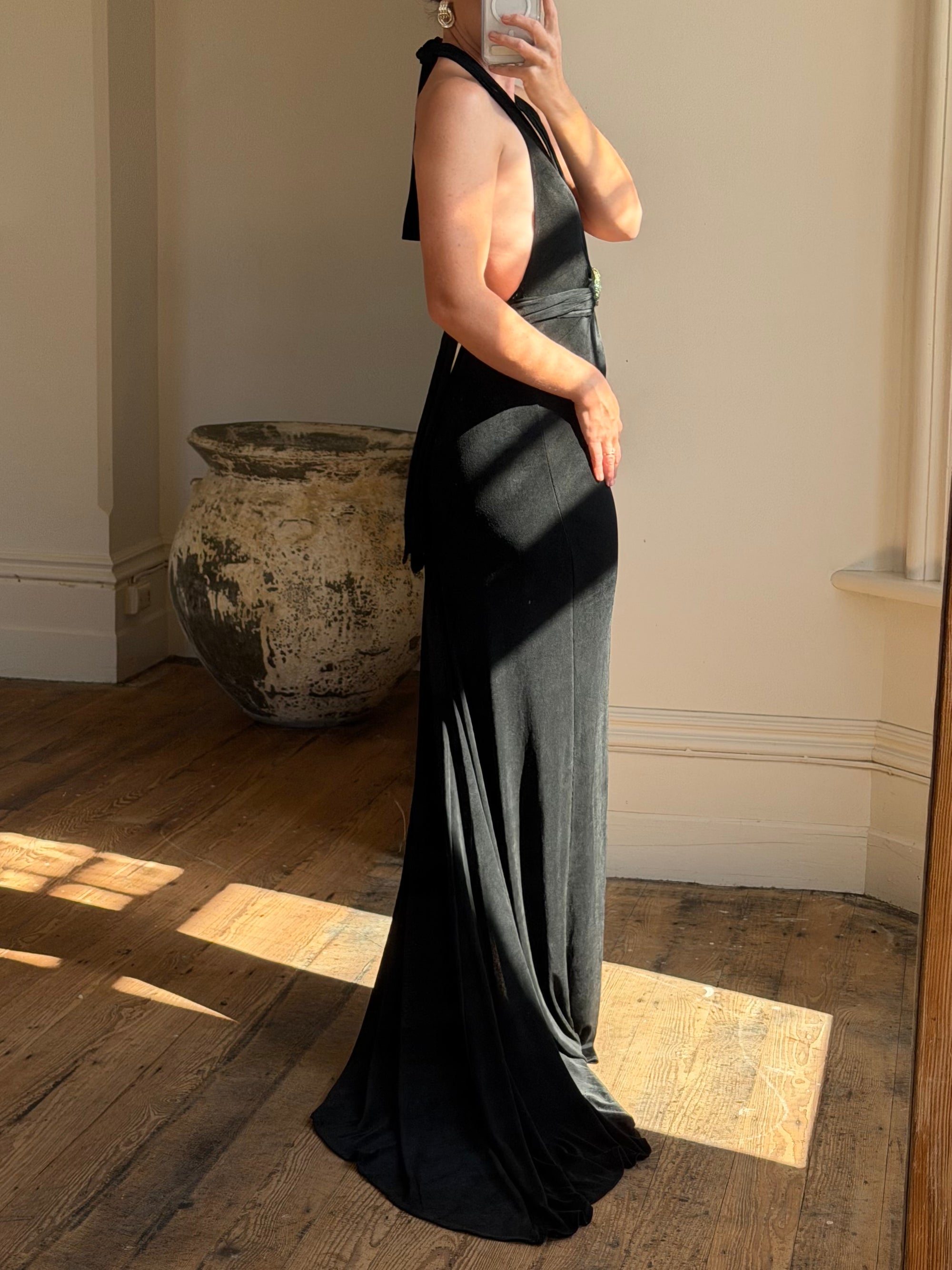 Vintage 90s Low Jersey Evening Dress Rhinestone Snake Noir