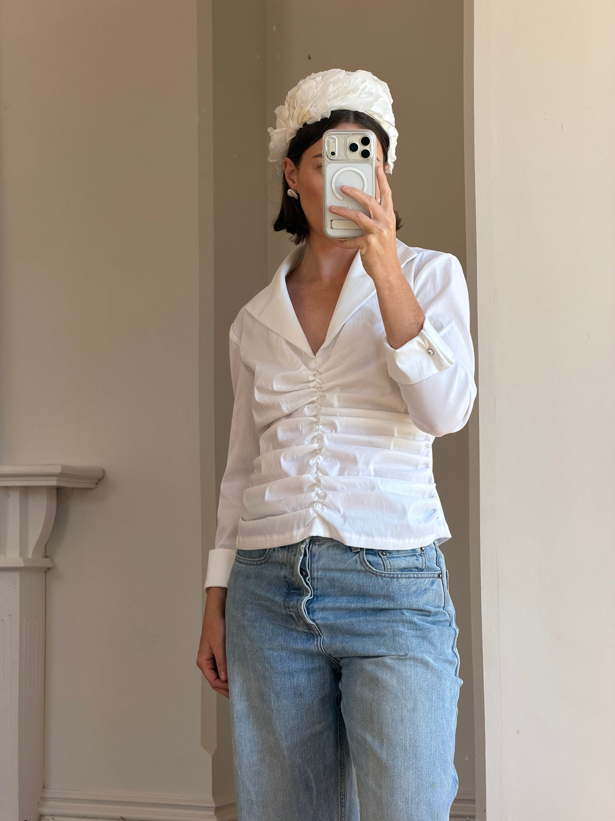 Vintage 90s Structured Collar Gathered Blouse Crisp White
