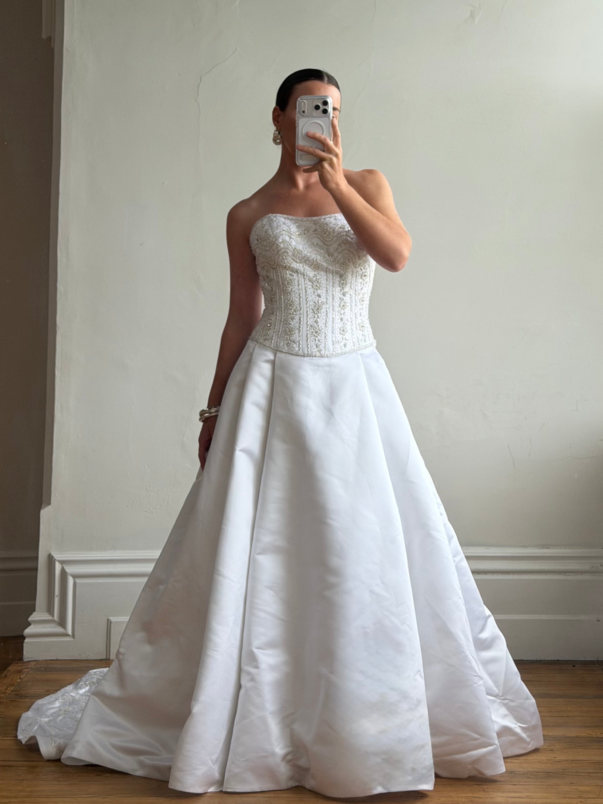 Vintage Y2K Crystal Satin Pleated Wedding Gown