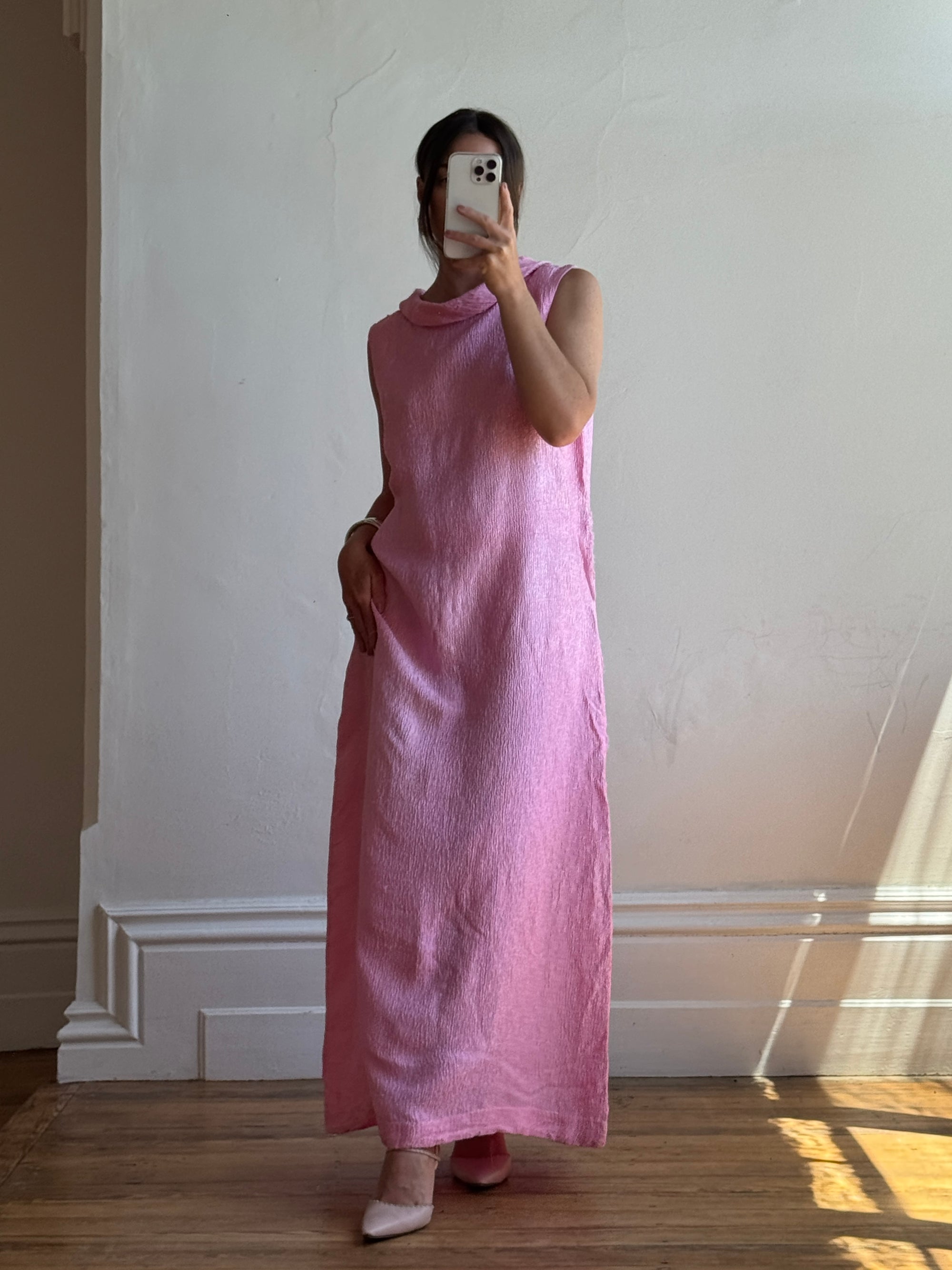 Vintage 80s Boat Neck Crinkle Dress Hot Pink
