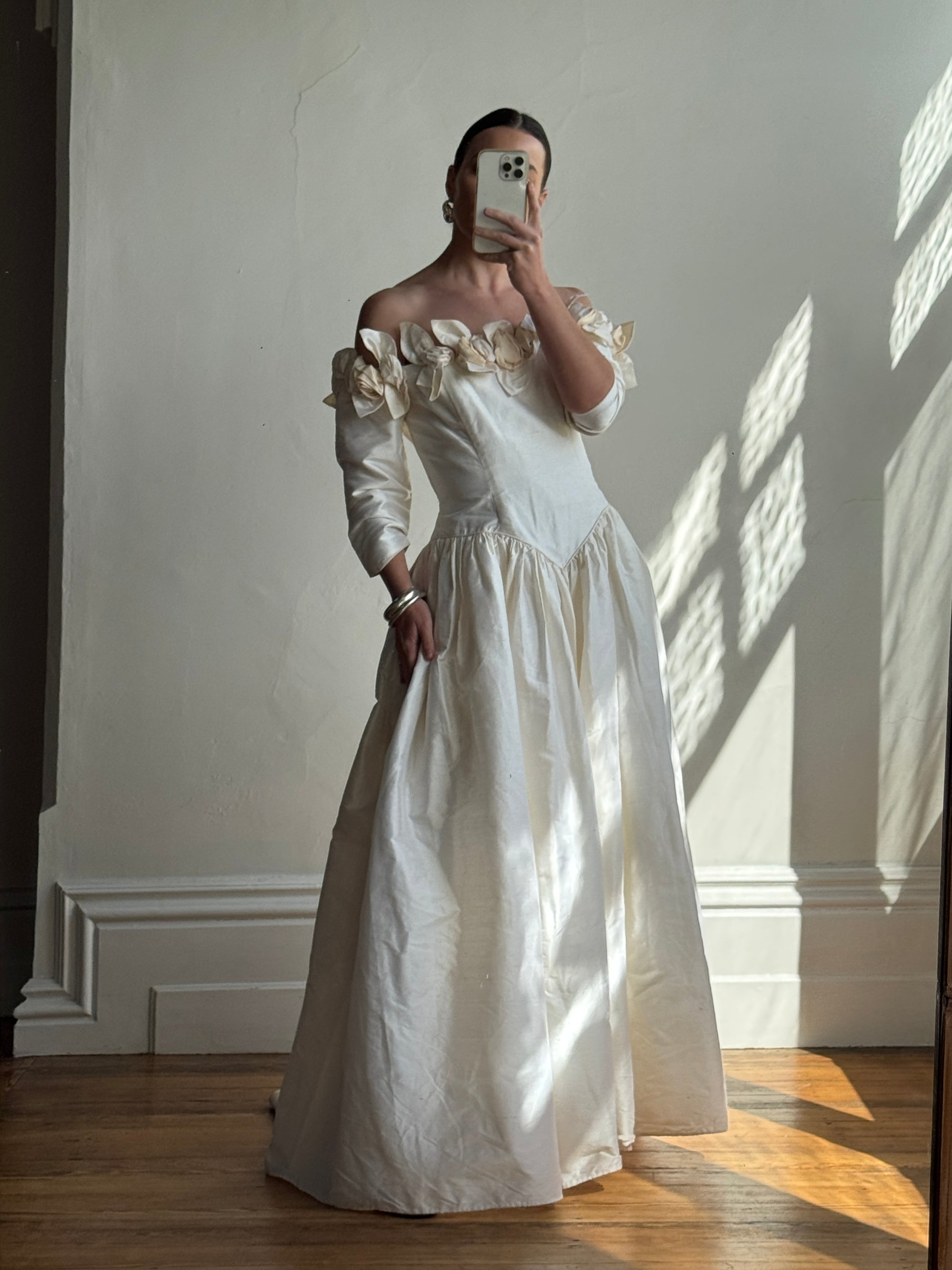 Vintage 80s Pure Silk Rosette Off Shoulder Gown