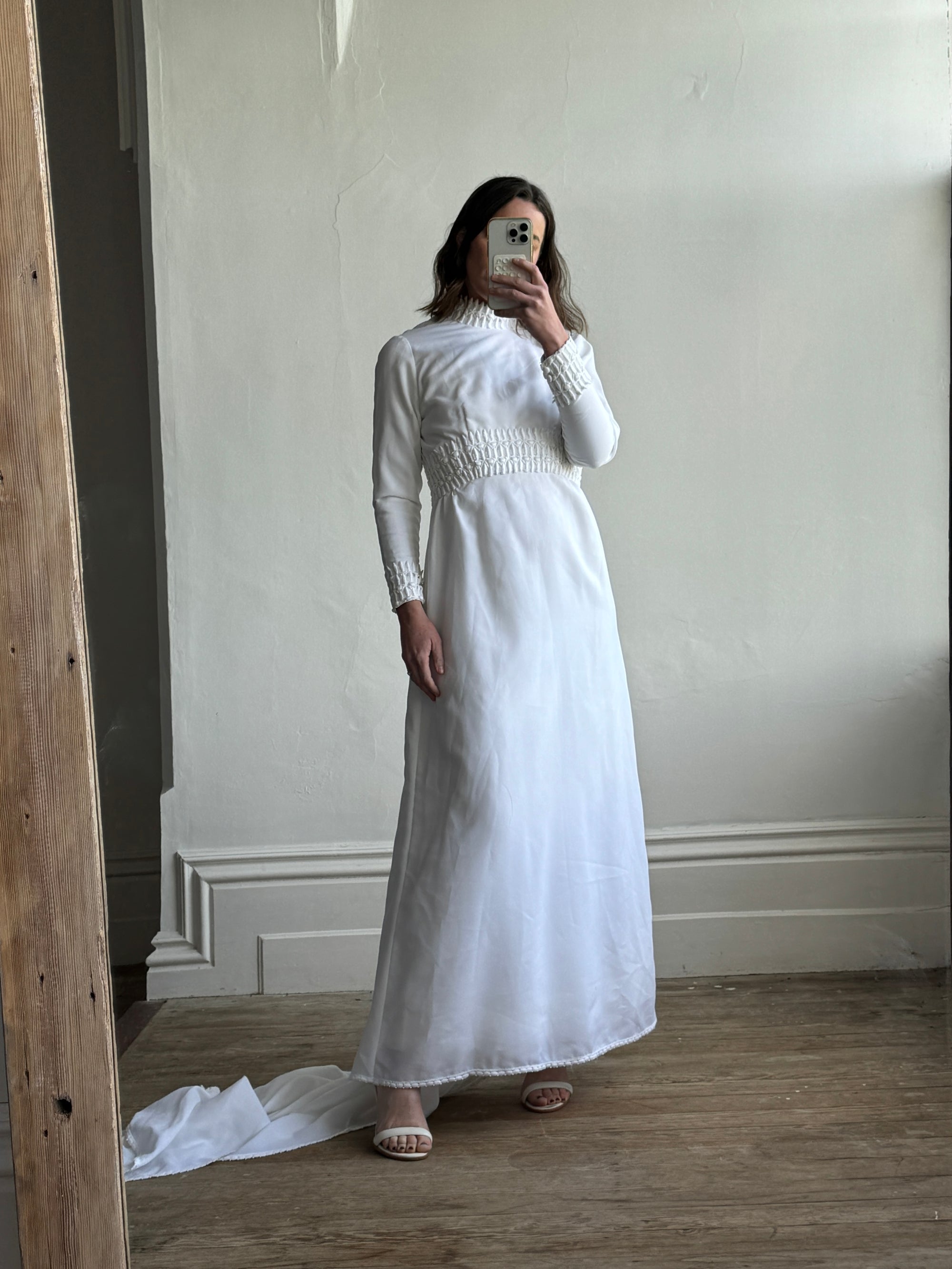 Vintage 60s High Front Embroidered Wedding Dress
