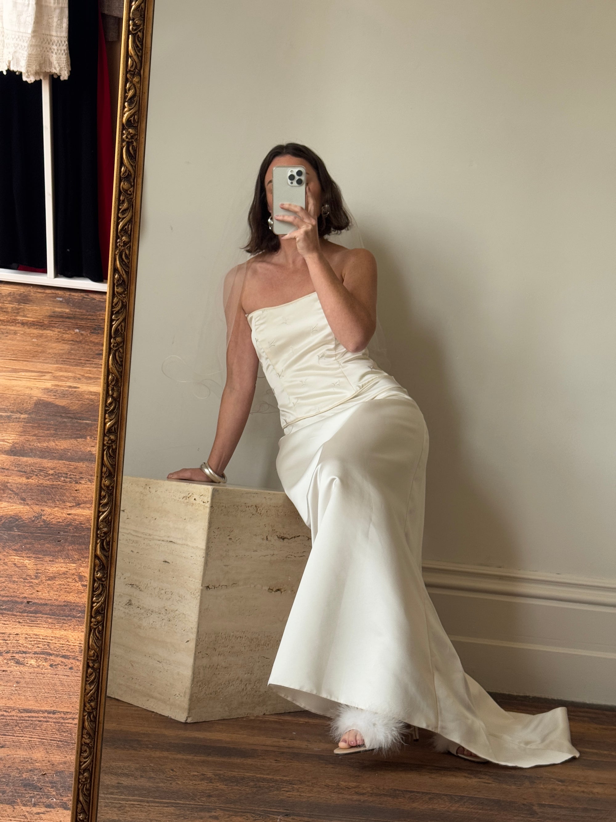Vintage 90s Australian Made Column Strapless Satin Wedding Dress