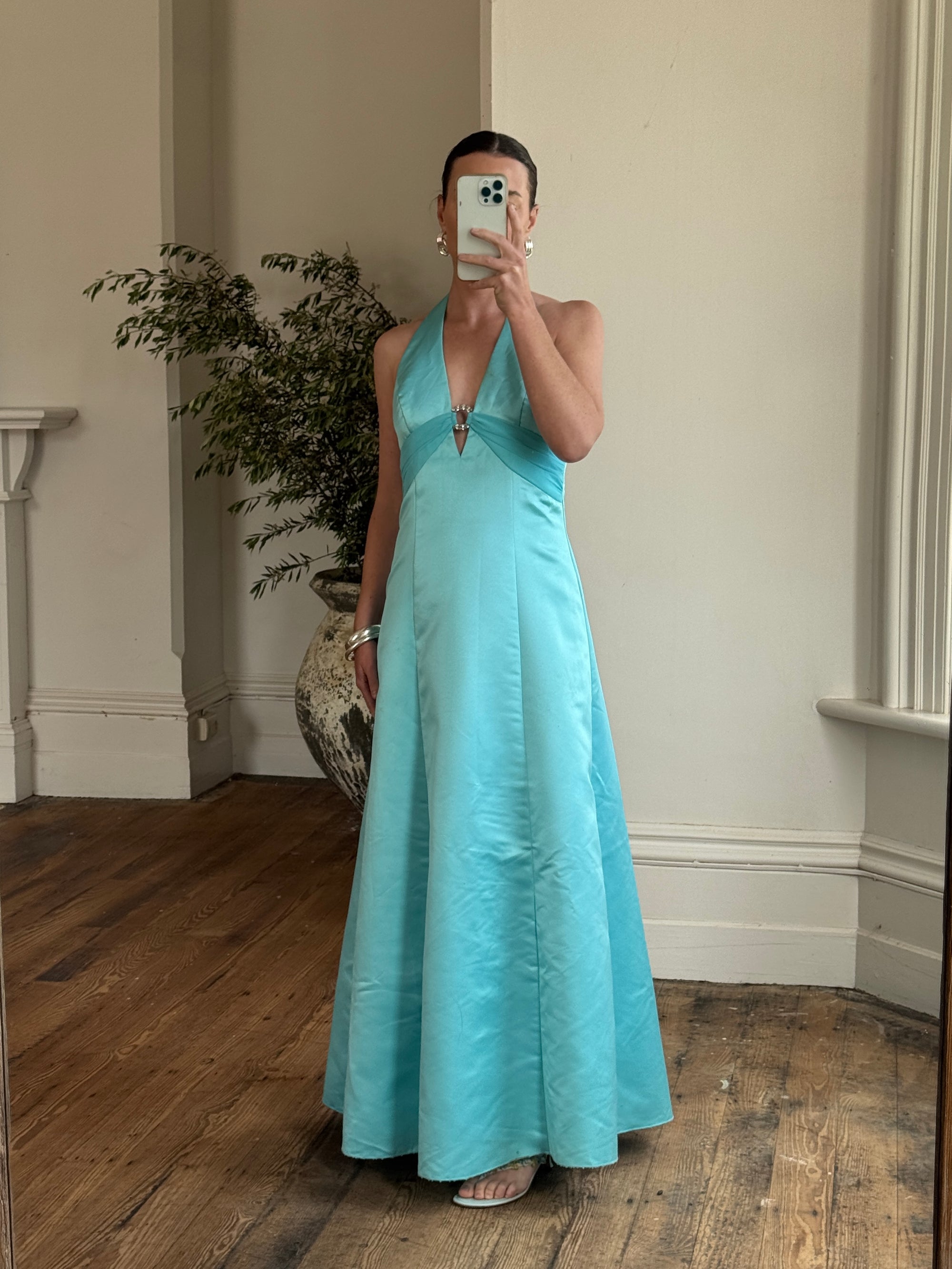 Vintage 90s A-Line Aqua Prom Dress with Rhinestones