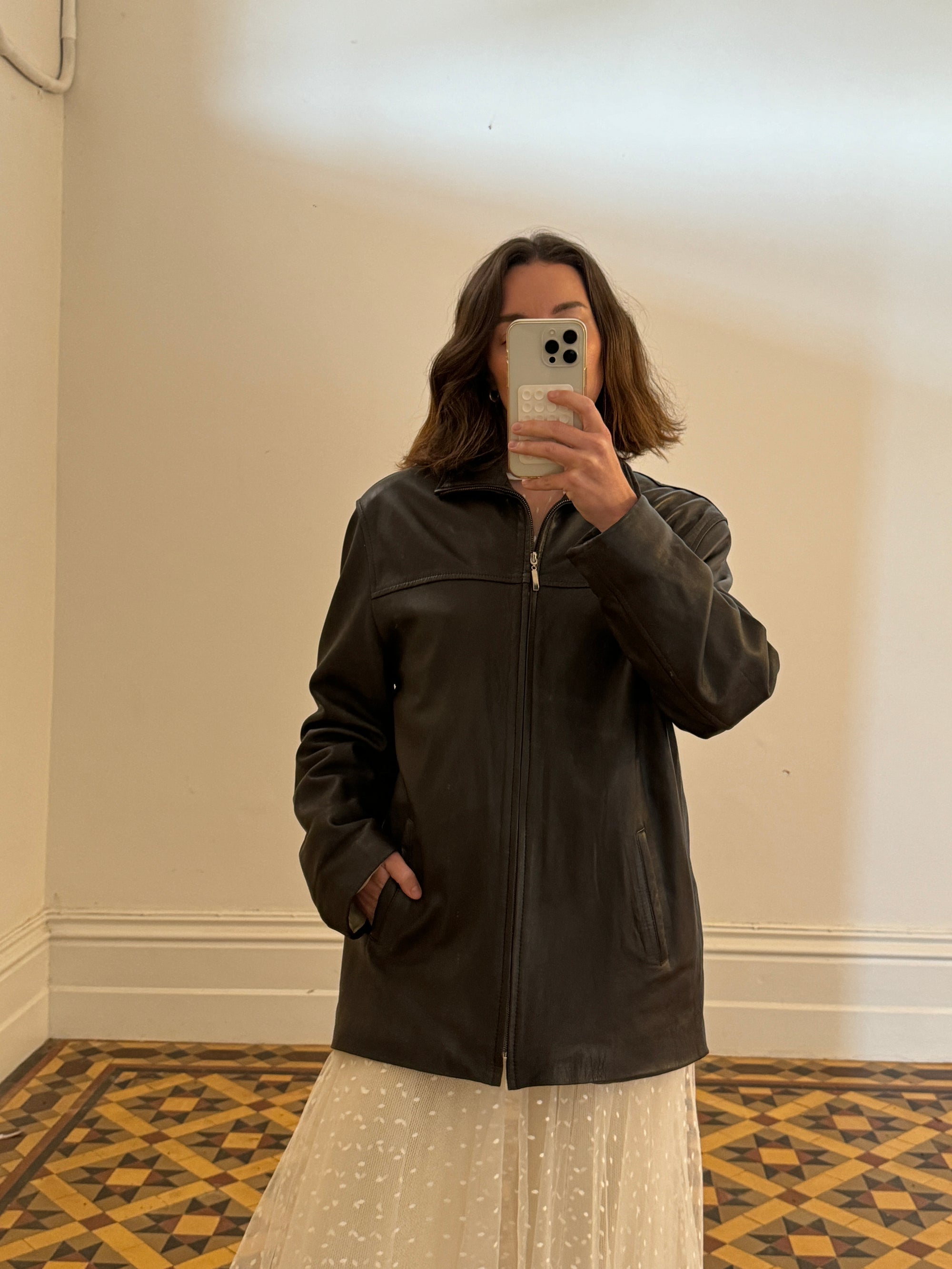 Vintage 90s Brown Leather Zip Front Oversized Jacket