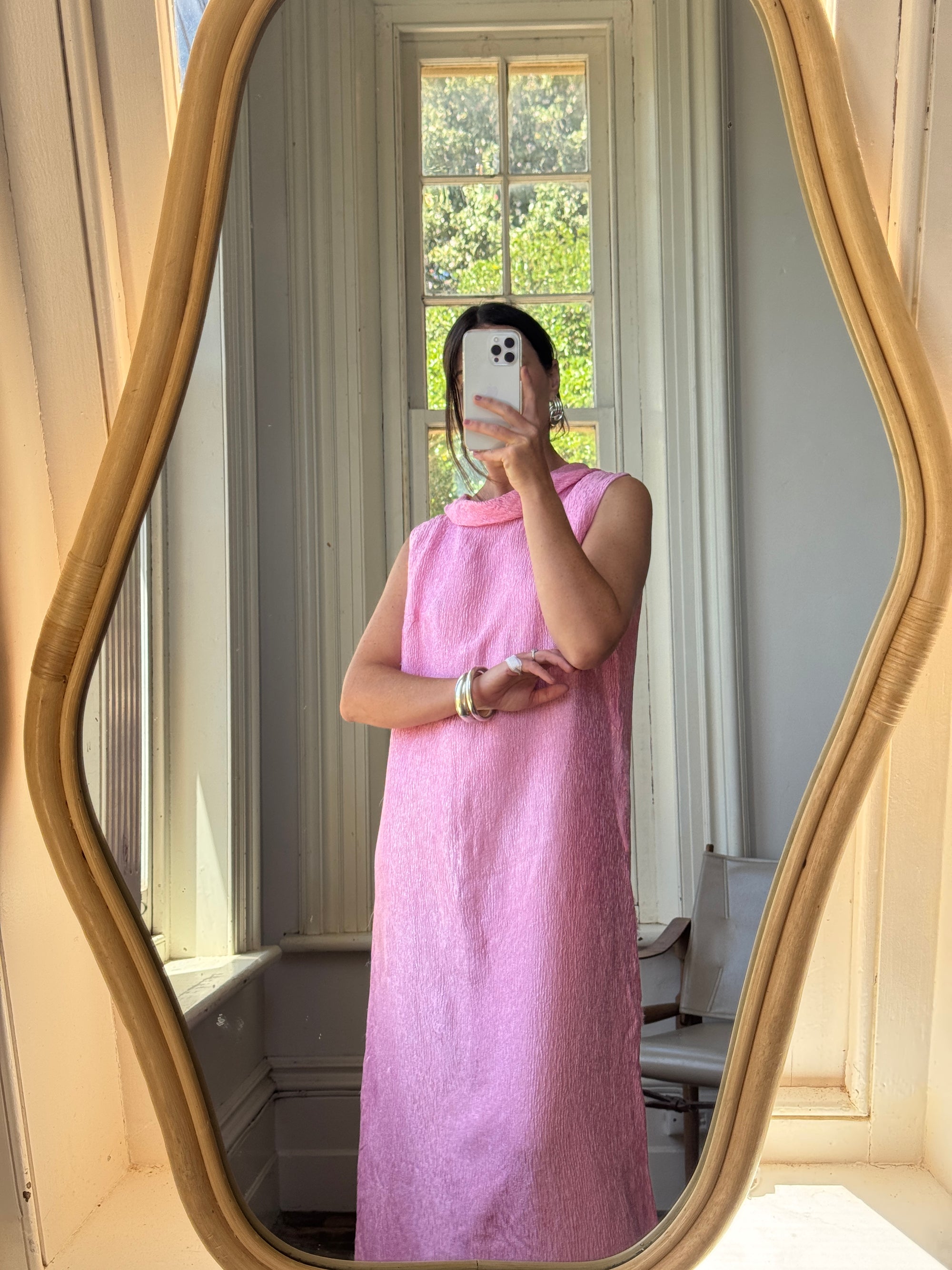 Vintage 80s Boat Neck Crinkle Dress Hot Pink