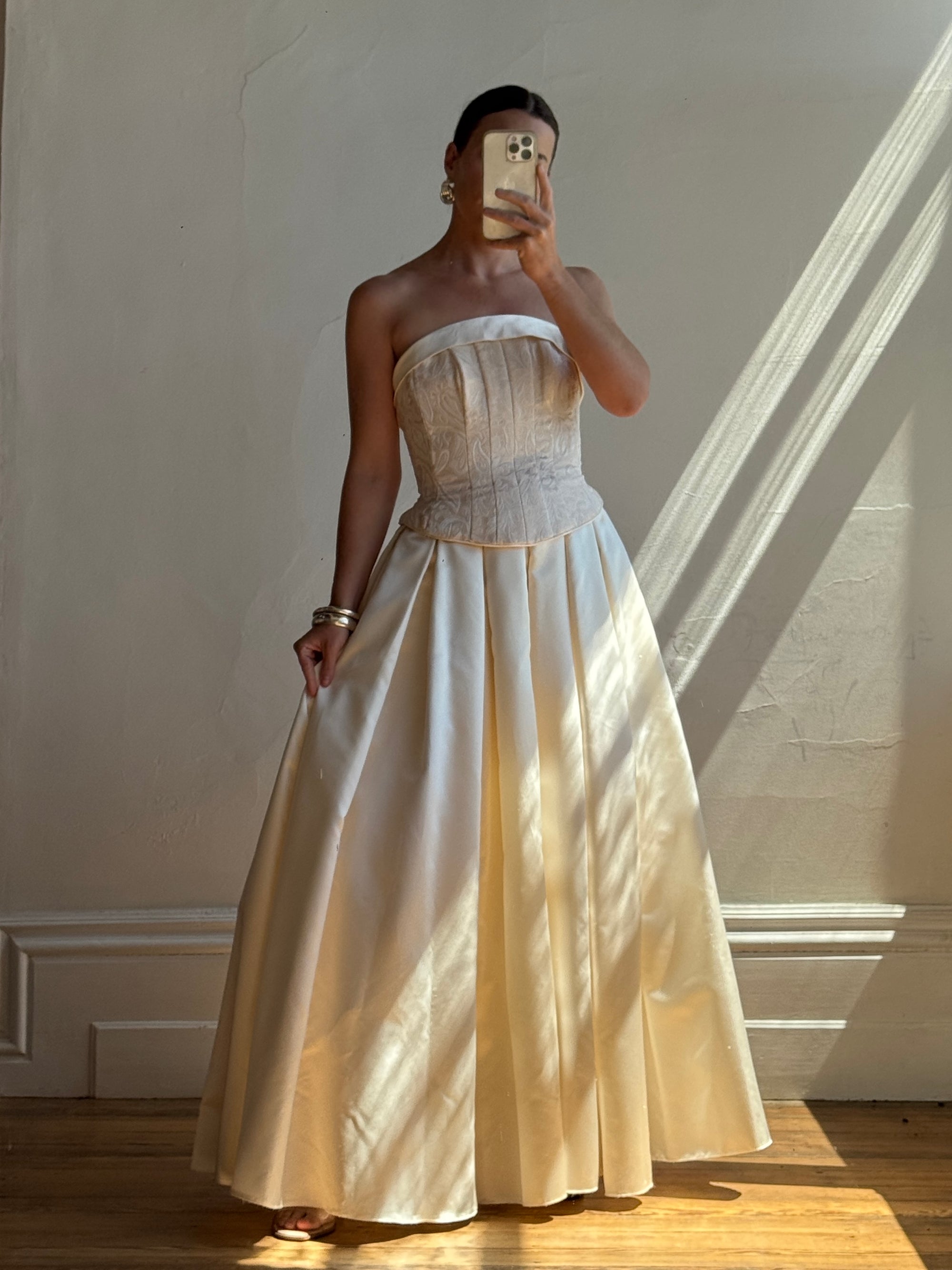 Vintage 90s Princess Brocade Champagne Wedding Gown
