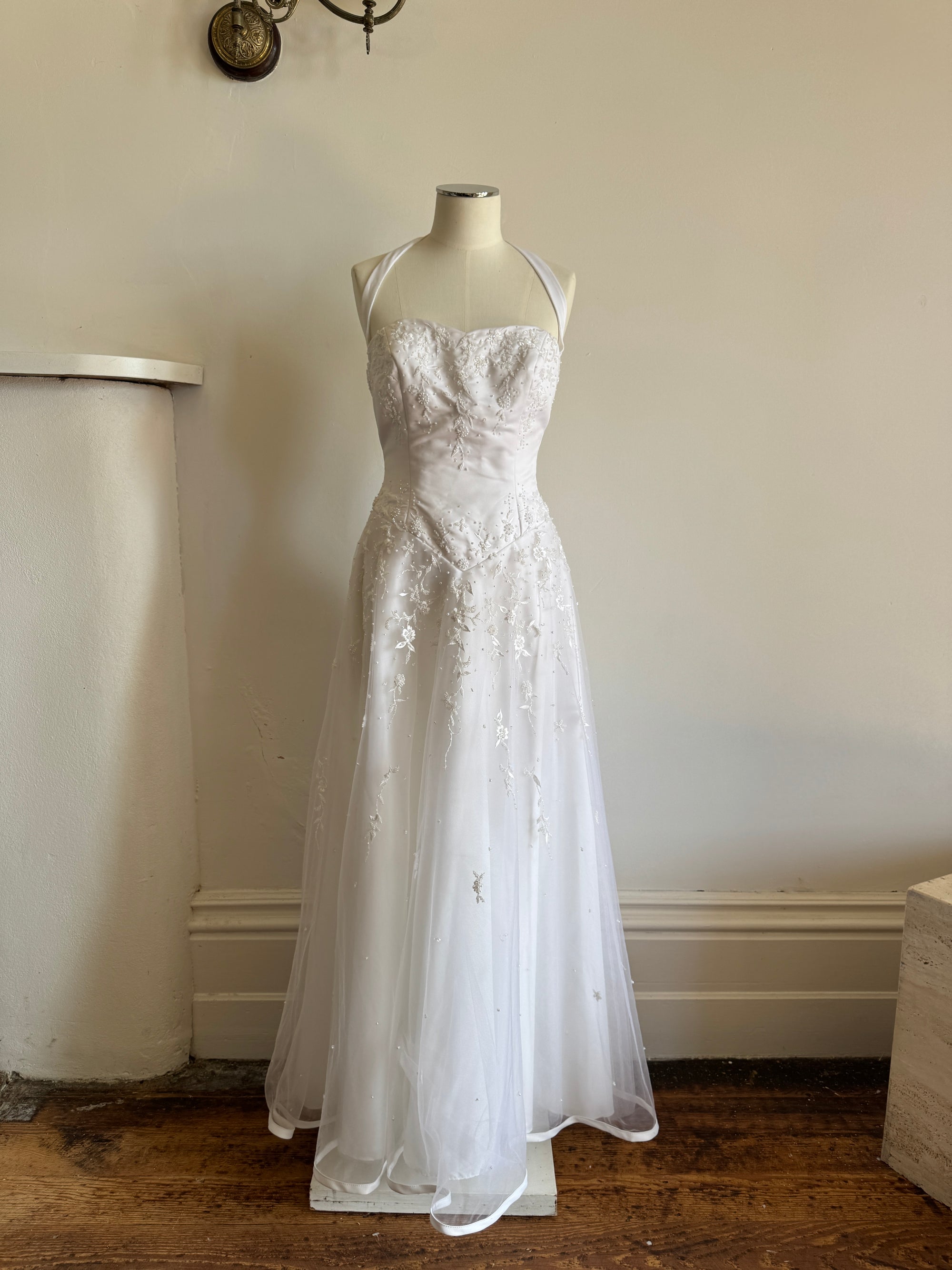 Vintage 90s Basque Halter Embellished Wedding Gown