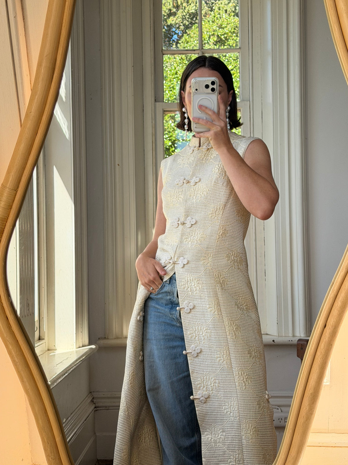 Vintage 60s Brocade Longline Qipao Cream