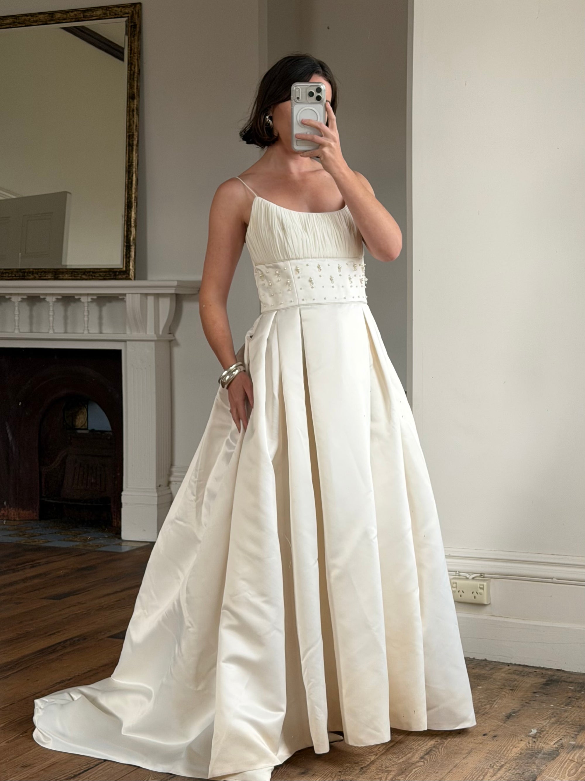 Vintage 90s Crystal Gathered Princess Satin Wedding Gown