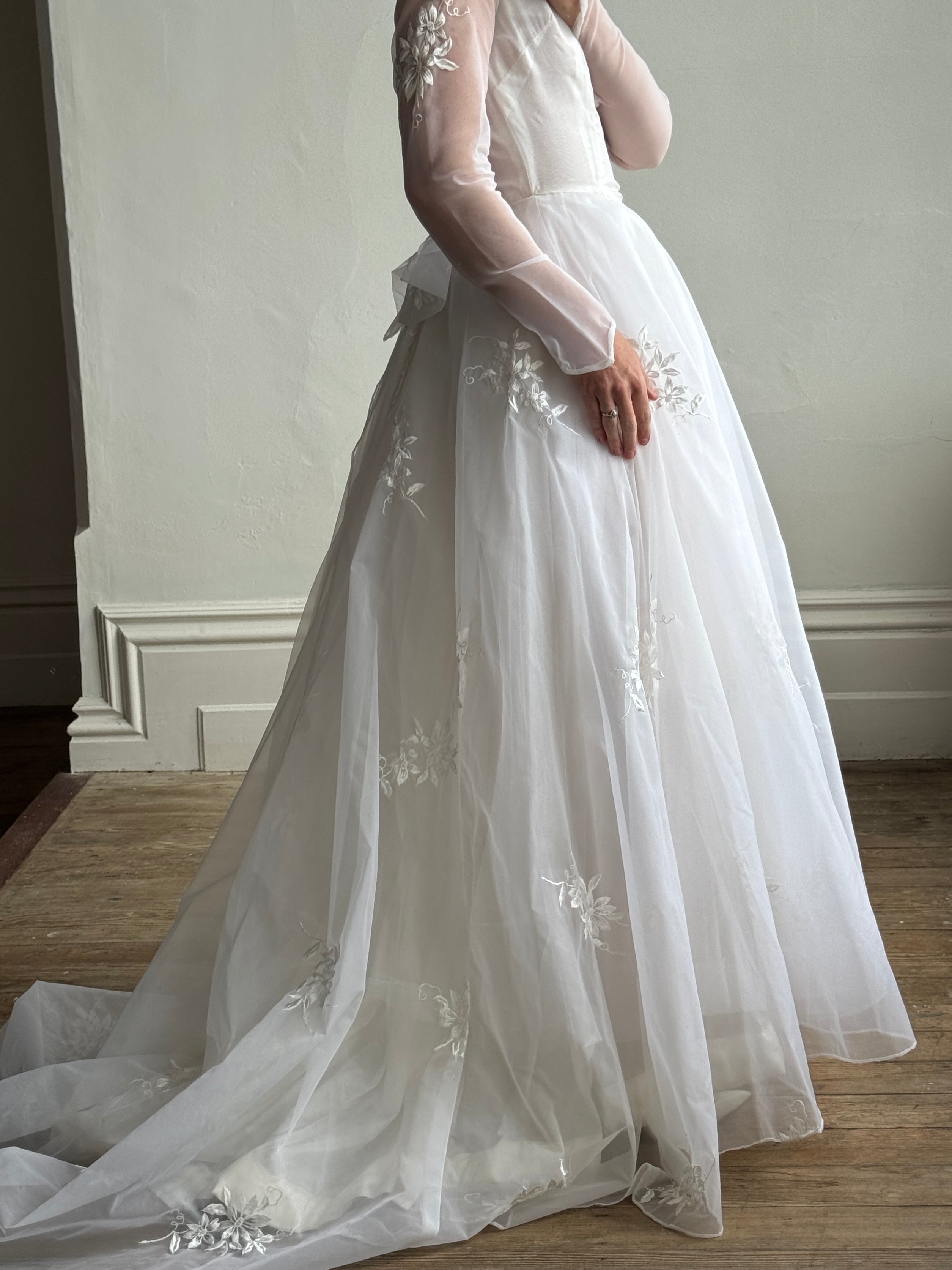 Vintage 50s Basque Waist Sheer Floral Wedding Dress