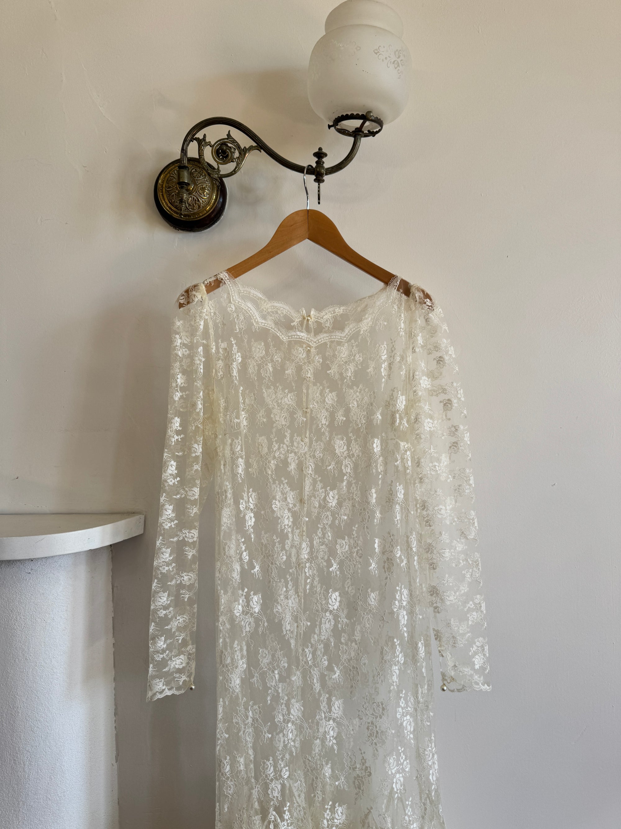 Vintage 80s Sheer Lace Fluted Wedding Dress