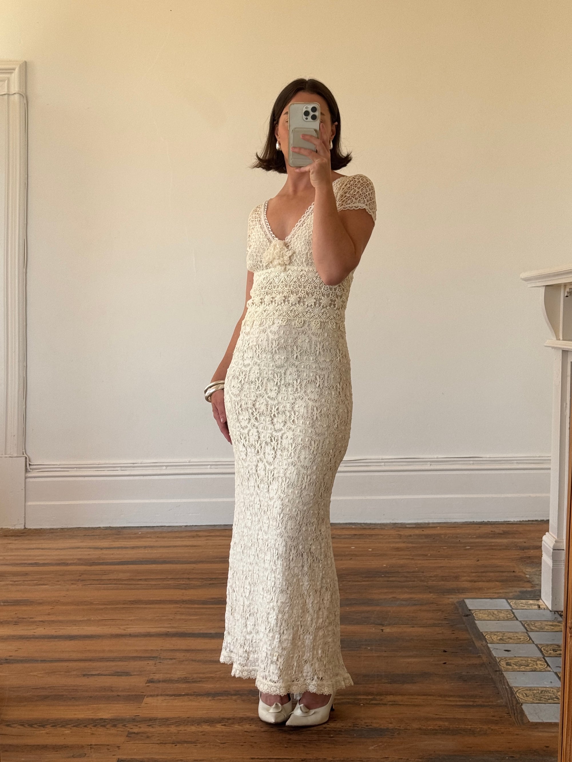Vintage Y2K Designer Pure Silk and Cotton Crochet Wedding Dress