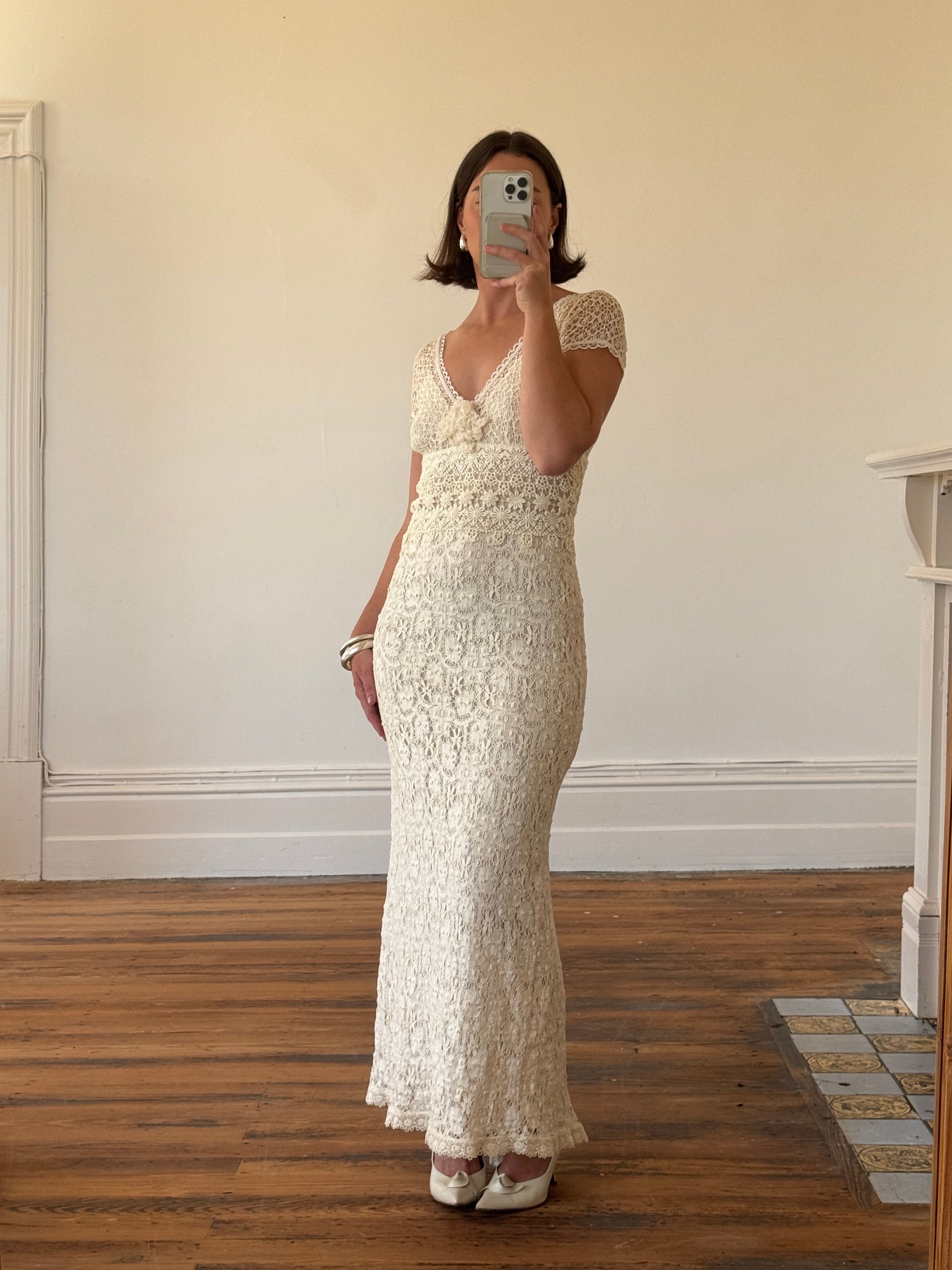 Vintage Y2K Designer Pure Silk and Cotton Crochet Wedding Dress