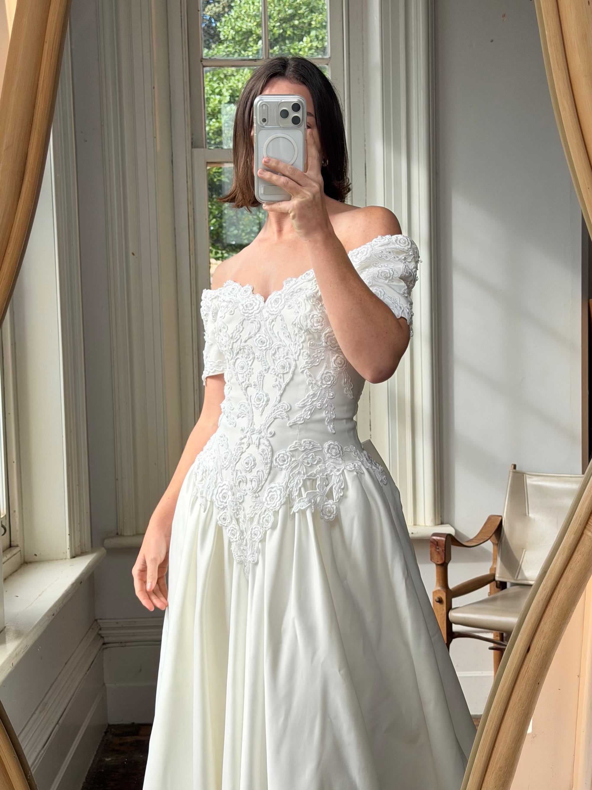 Vintage 90s Embellished Off Shoulder Satin Wedding Gown