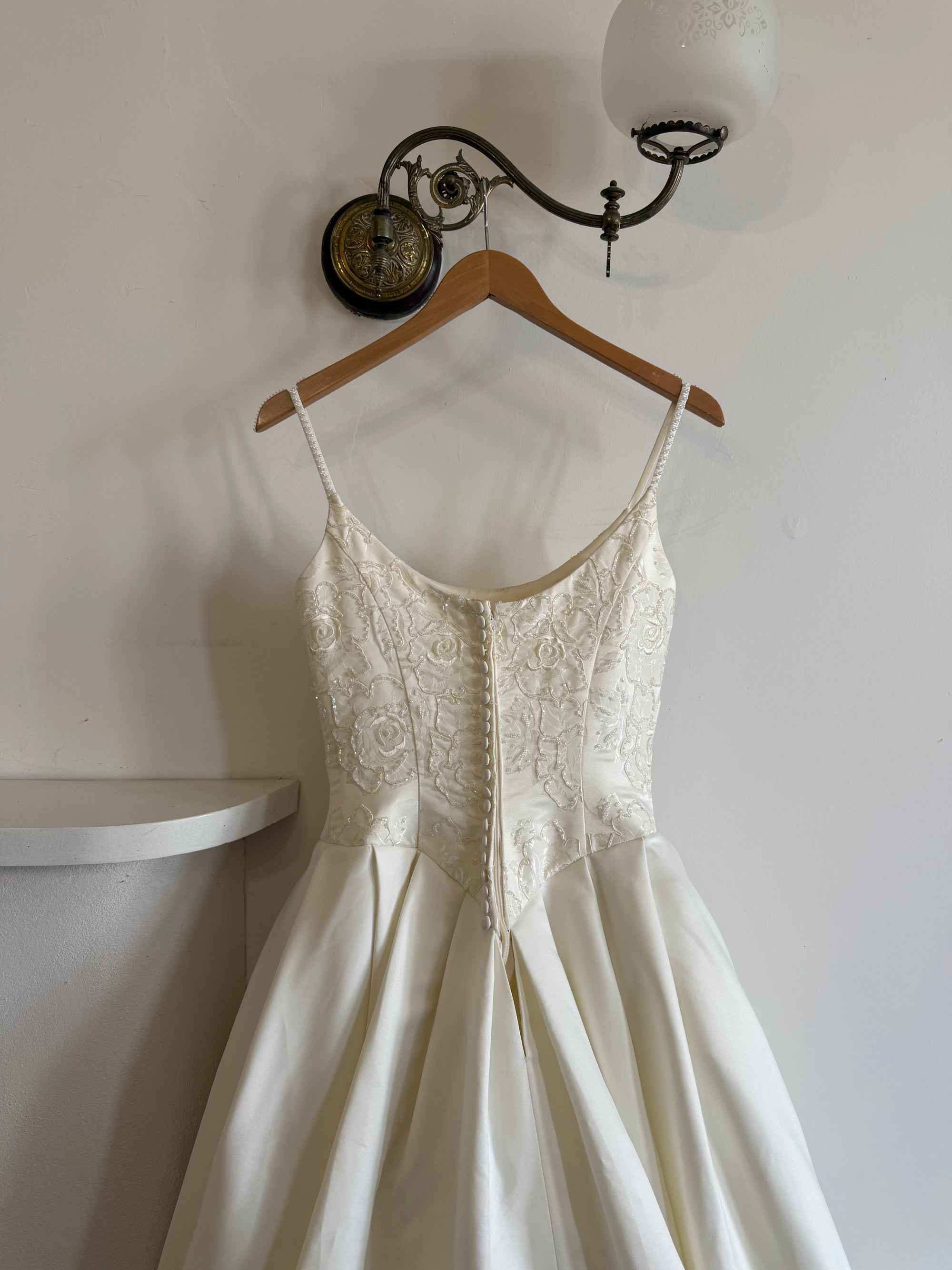 Vintage 90s Pleated Jacquard Satin Wedding Gown