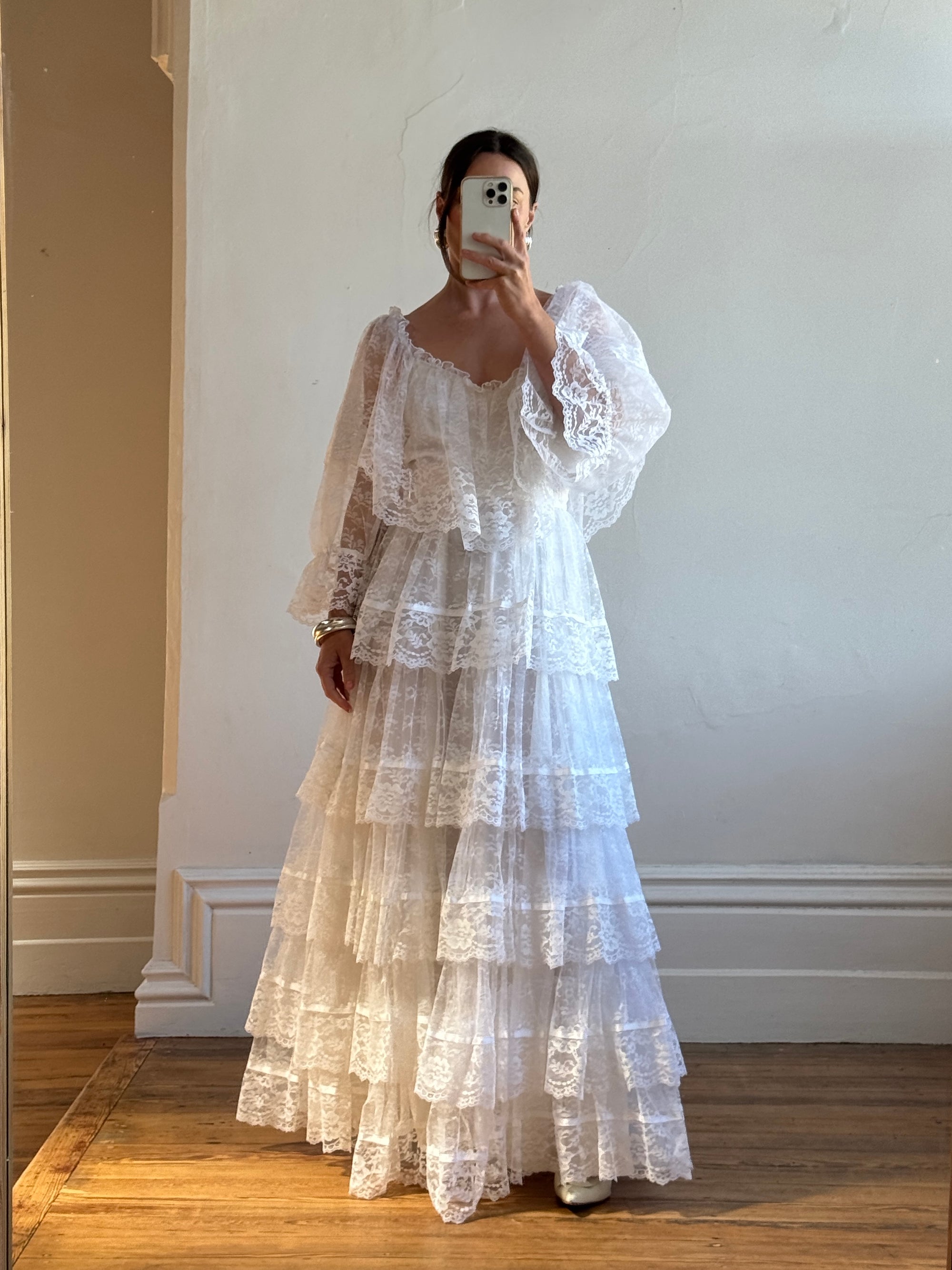 Vintage 70s Tiered Lace Ruffle Wedding Gown
