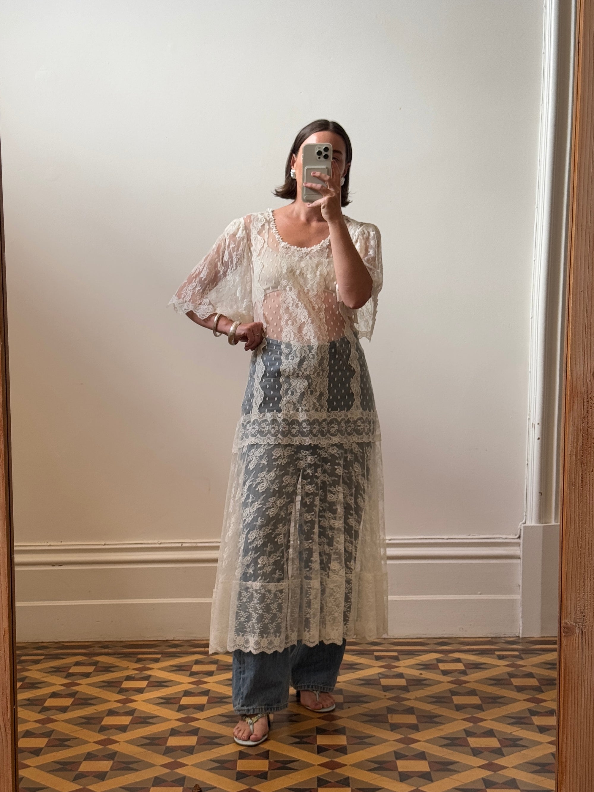 Vintage 70s Stretchy Sheer Lace Smock Dress Creme