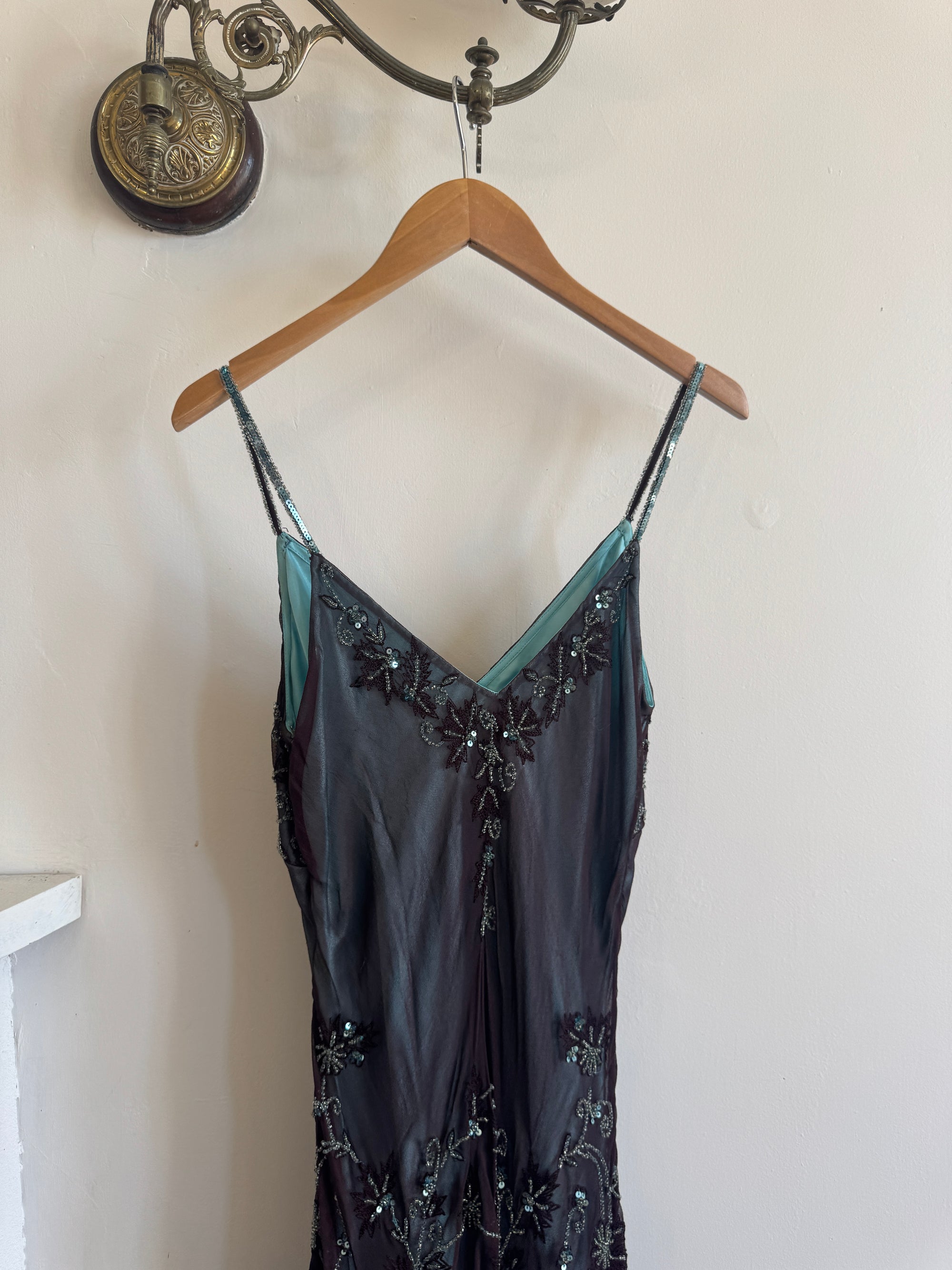 Vintage 90s Indigo Pure Silk Beaded Dress