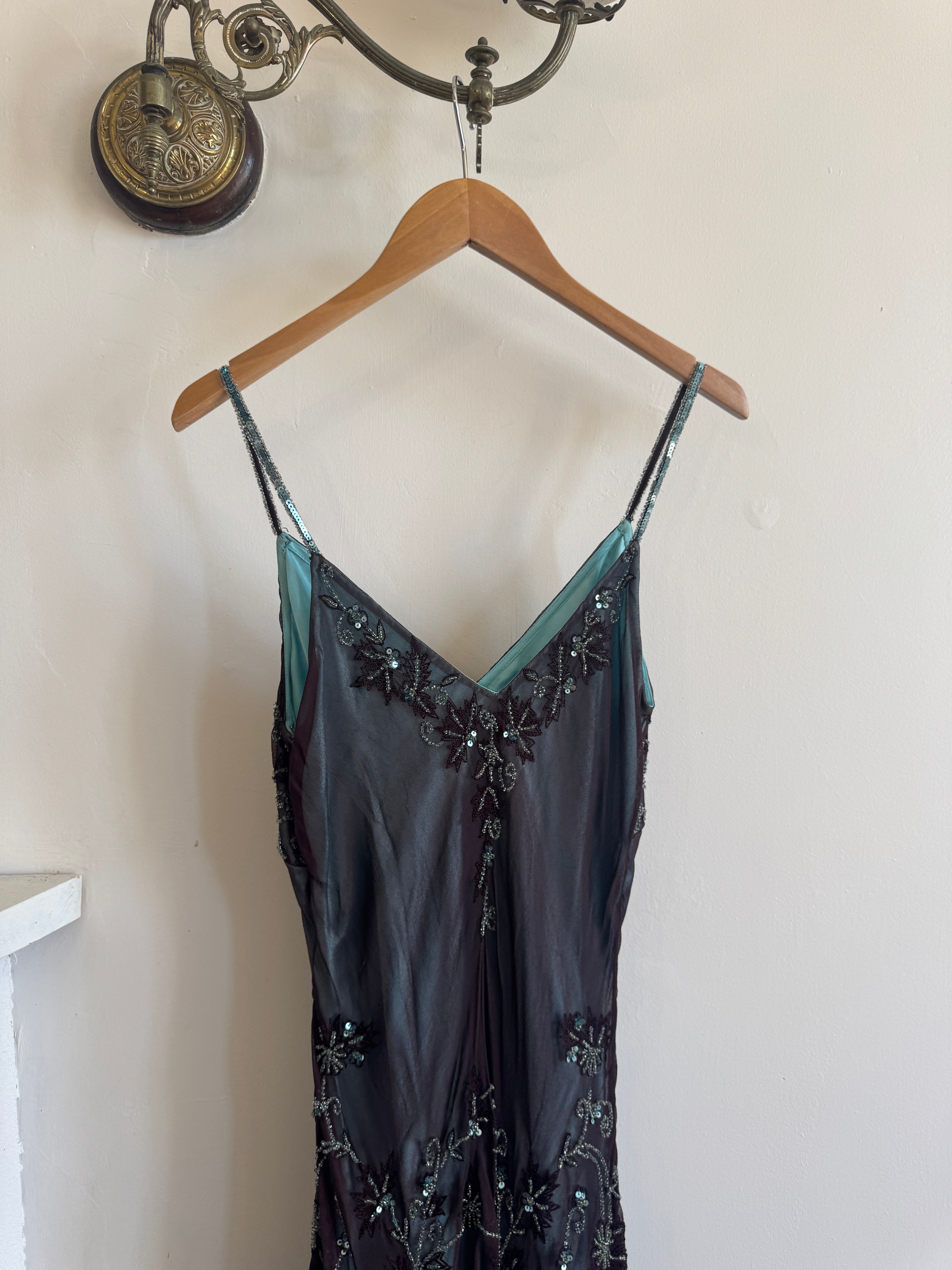 Vintage 90s Indigo Pure Silk Beaded Dress