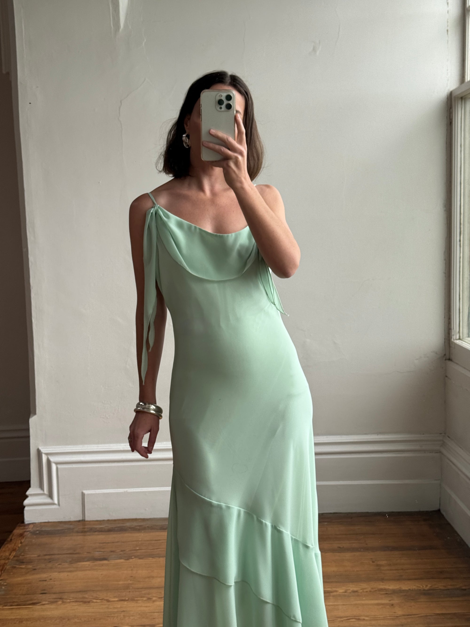Vintage Y2K Asymmetric Chiffon Ruffle Dress Mint Green