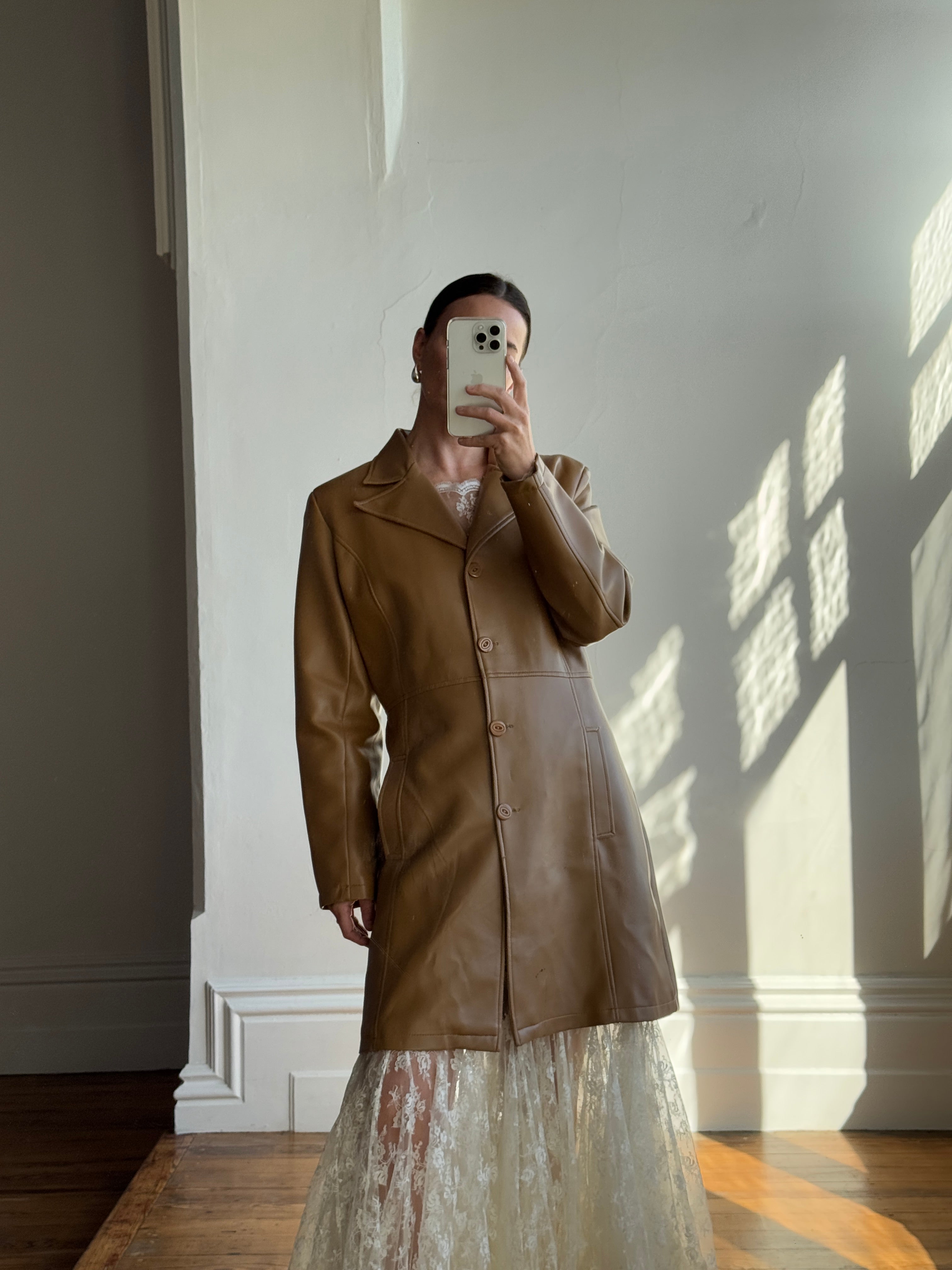 Vintage Y2K Tan Faux Leather Trench Coat
